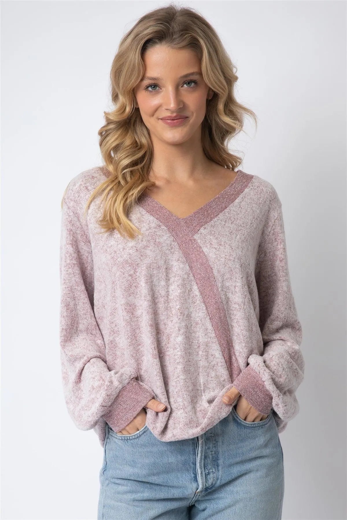 Burgundy Contrast V-Neck Long Sleeve Elasticized Hem Top /1-1-1 - Tasha Apparel Wholesale