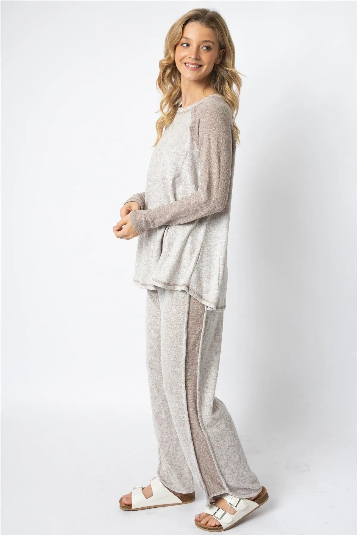 Taupe Textured Raglan Long Sleeve Top & Wide Leg Pant Set /1-1-1 - Tasha Apparel Wholesale