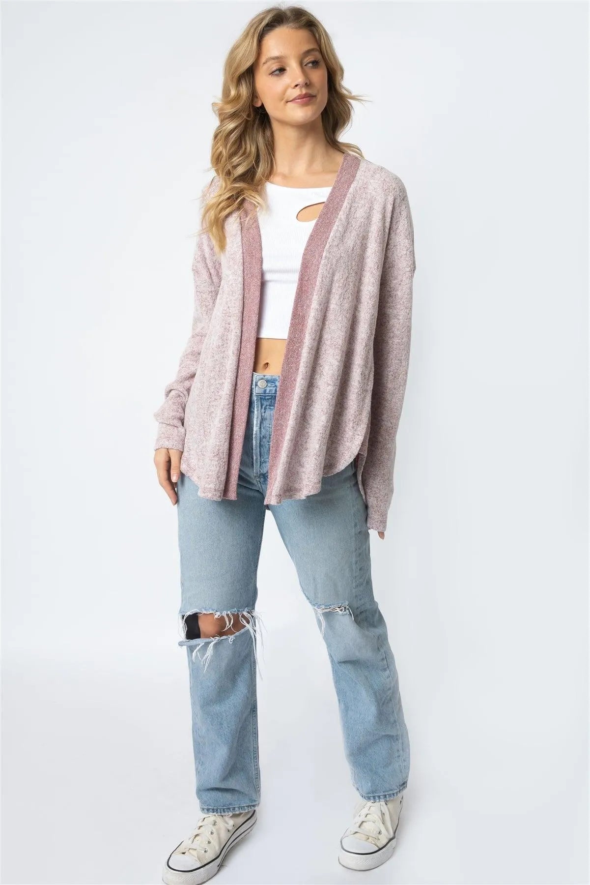 Burgundy Textured Side Detail Long Sleeve Cardigan /1-1-1 - Tasha Apparel Wholesale