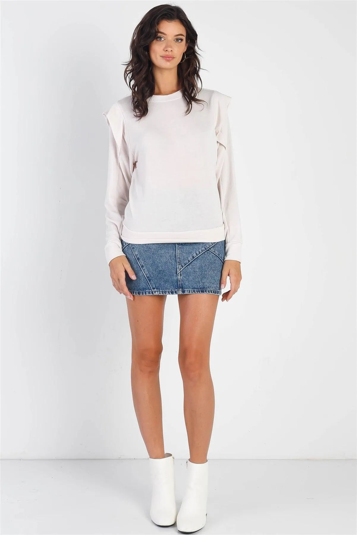 Beige Round Neck Long Ruffle Sleeve Top - Tasha Apparel Wholesale