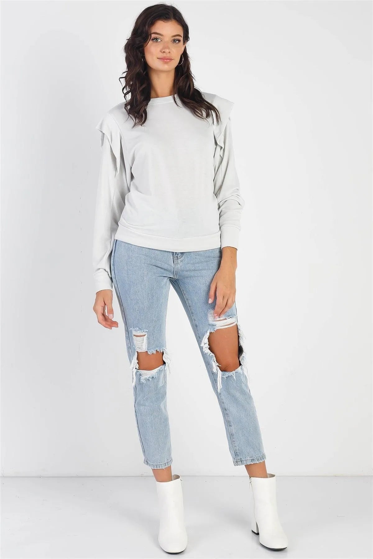 Light Sage Round Neck Long Sleeve Knit Top - Tasha Apparel Wholesale