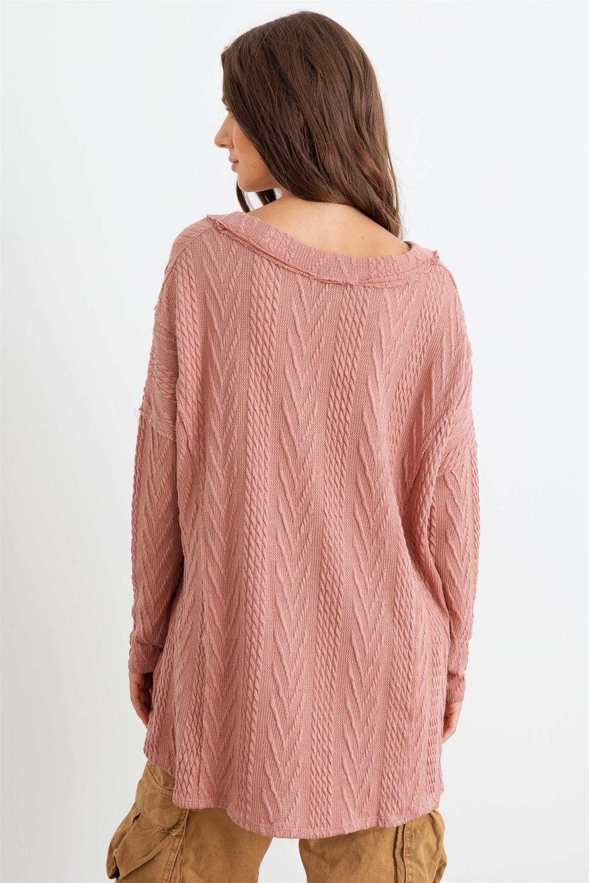 Mauve Cable Knit Button-Up Long Sleeve Cardigan /1-1-1