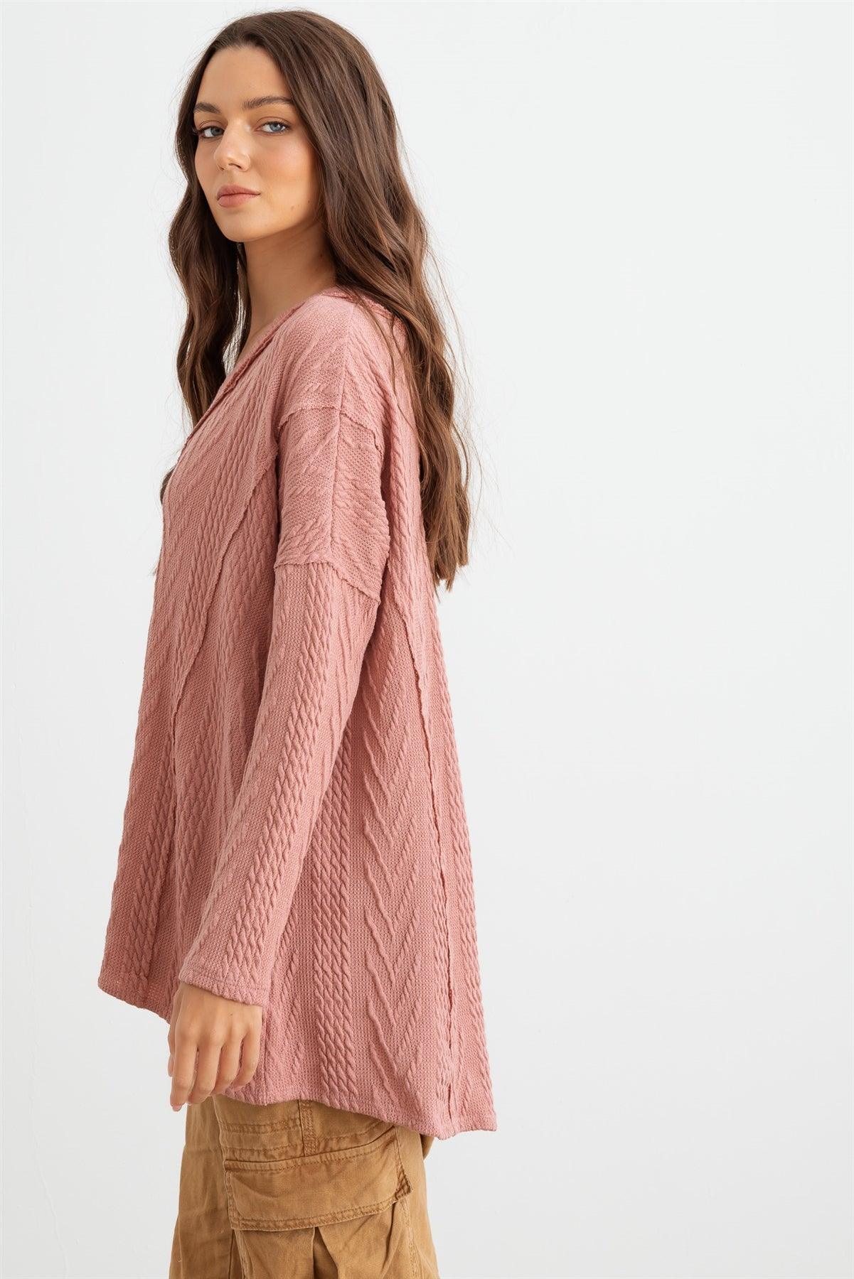 Mauve Cable Knit Button-Up Long Sleeve Cardigan /1-1-1