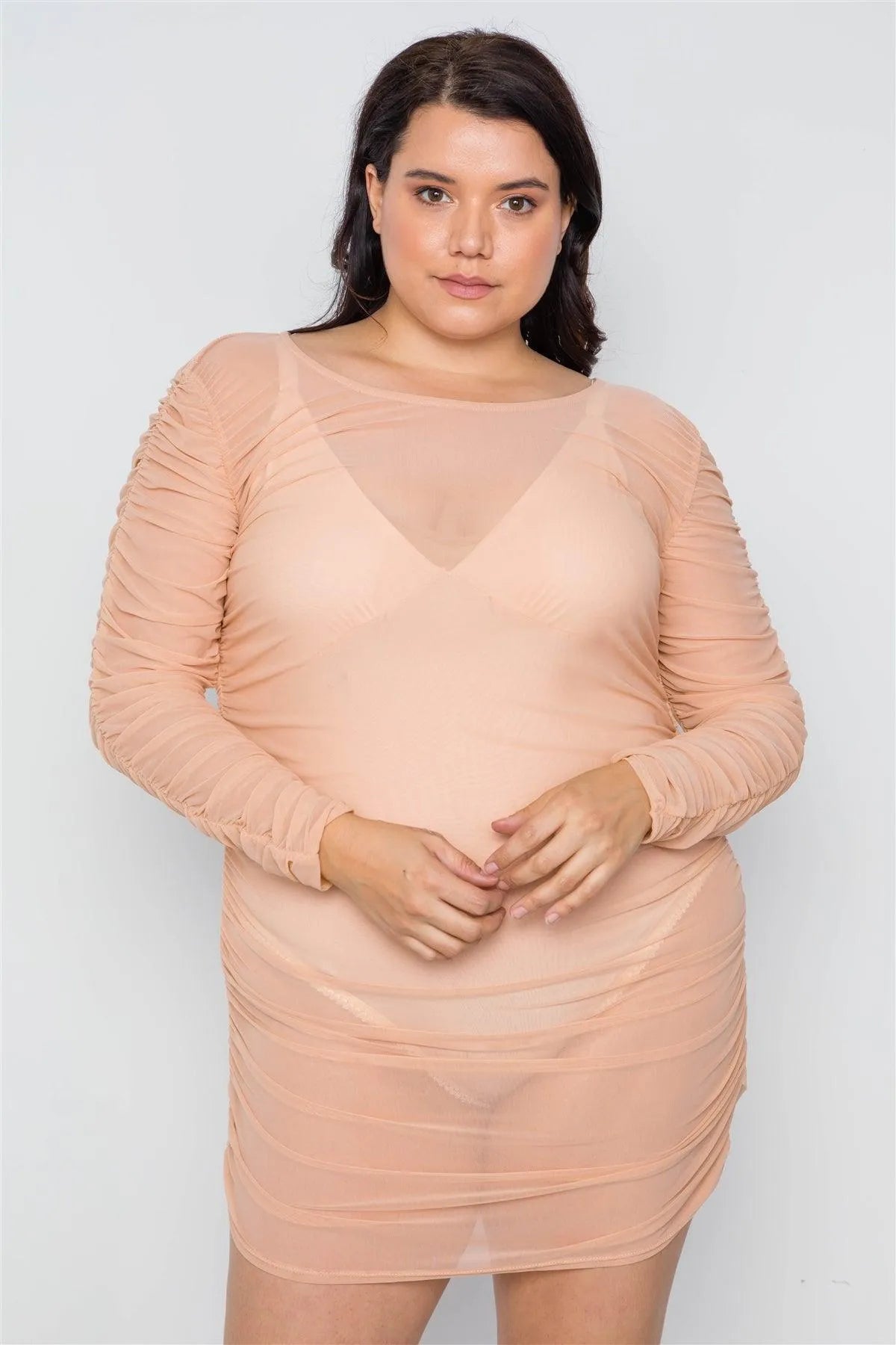 mesh ruched mini dress Junior Plus Size Nude Sheer Mesh Ruched Mini Dress /2-2-2