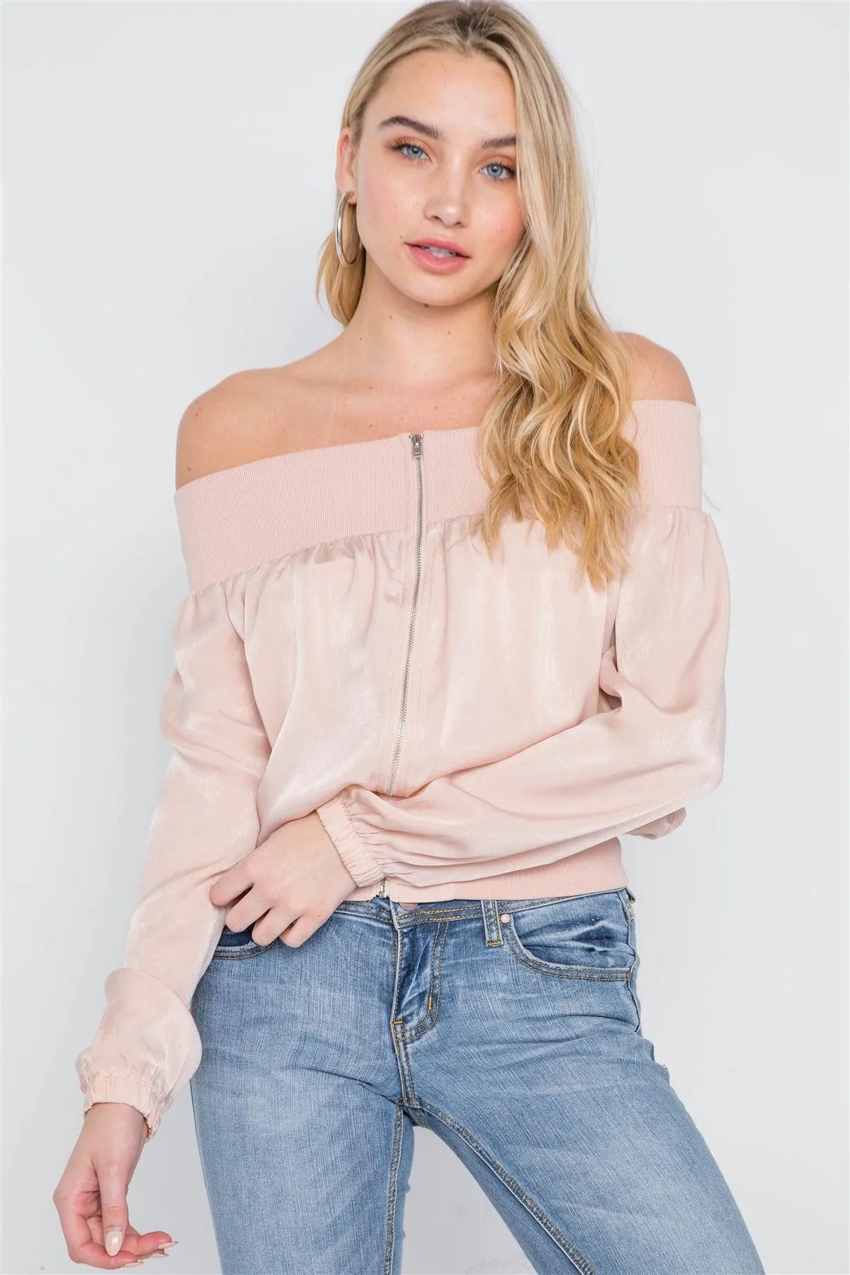 Blush Off-The-Shoulder Light Zip-Up Bomber Jacket /1-2-1 - Tasha Apparel Wholesale