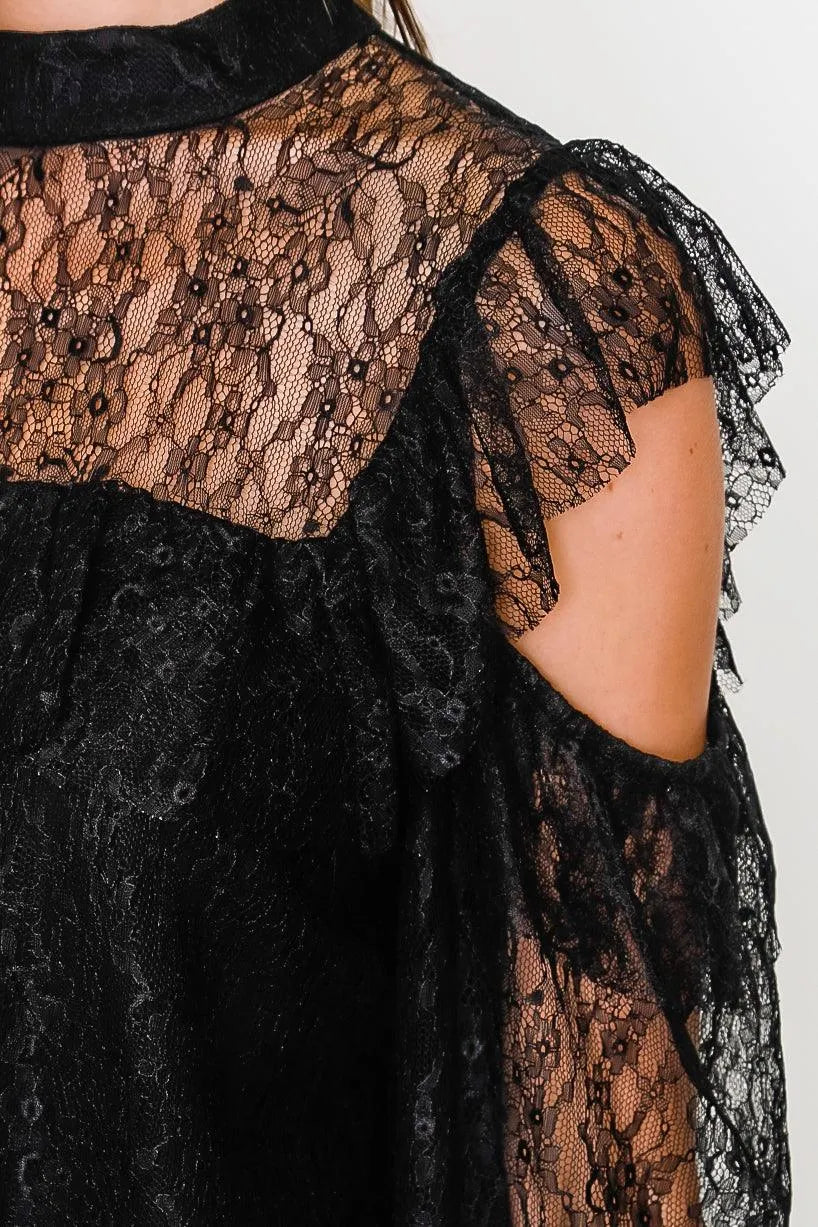 Boho Black Mesh Frill Cold Shoulder Top /1-2-2-1 - Tasha Apparel Wholesale