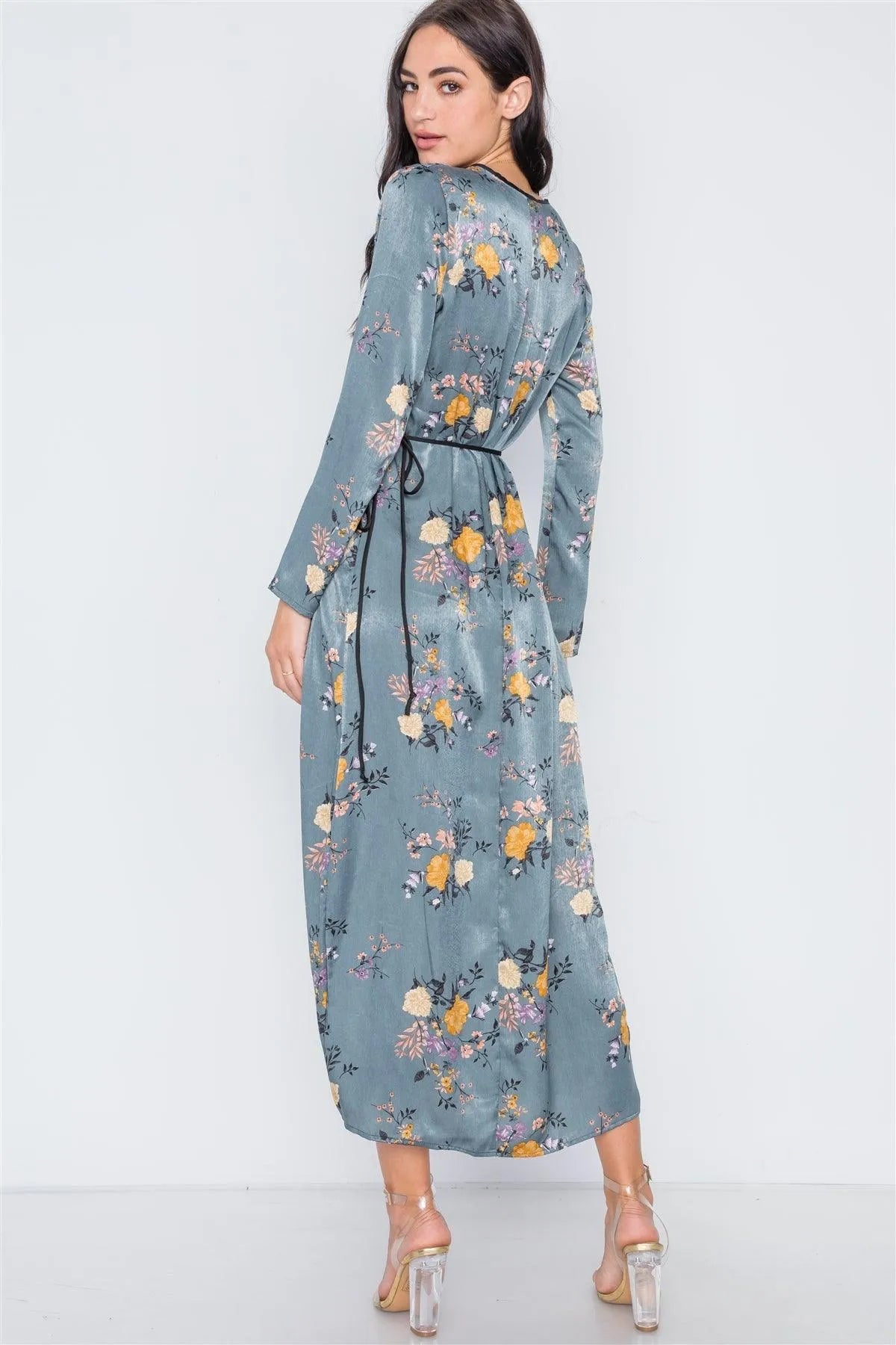 Storm Blue Side Slit Floral Wrap Maxi Dress /1-2-2 - Tasha Apparel Wholesale