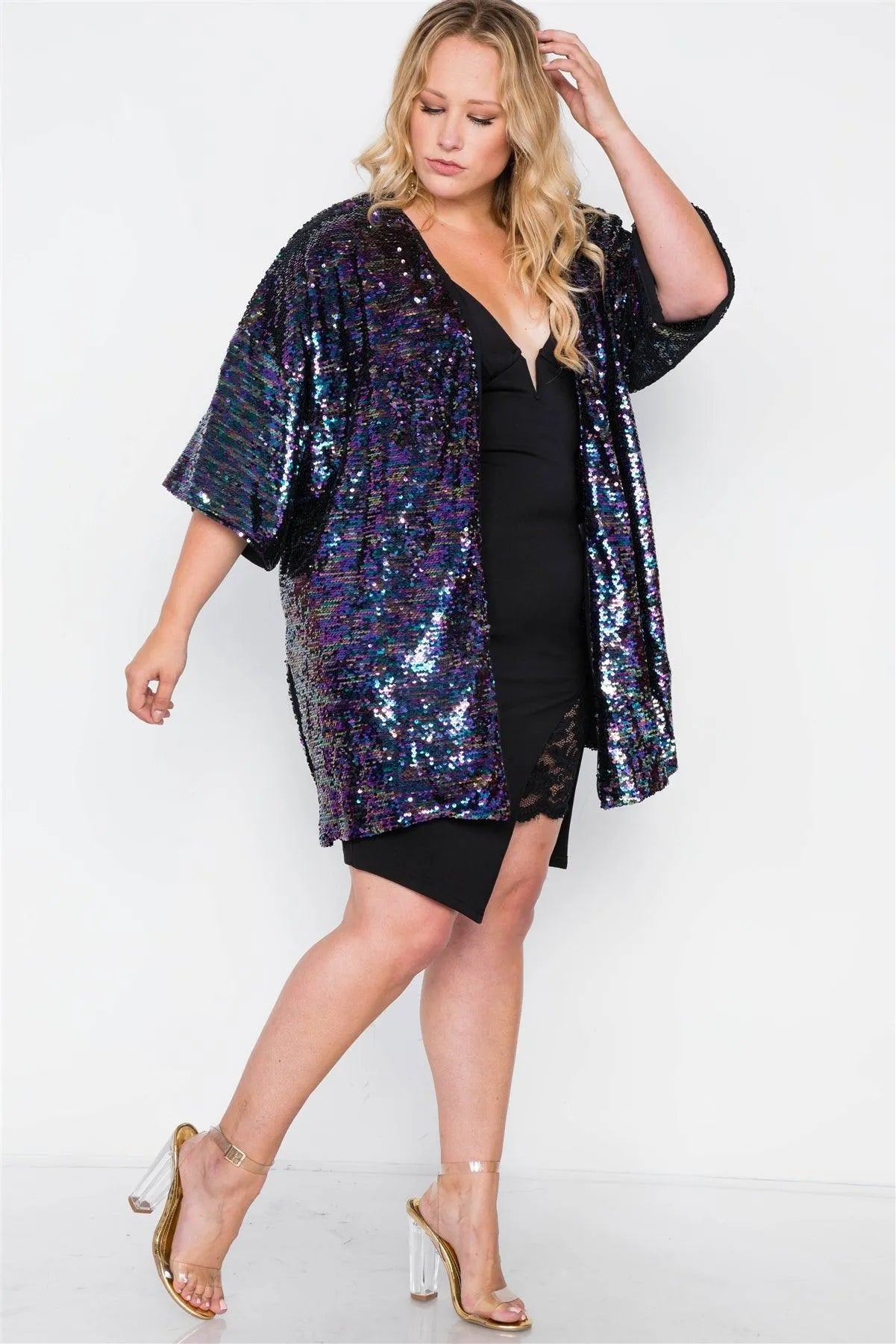 Plus Size Purple Sequin Kimono Short Sleeve Cover-up - Tasha Apparel Wholesale