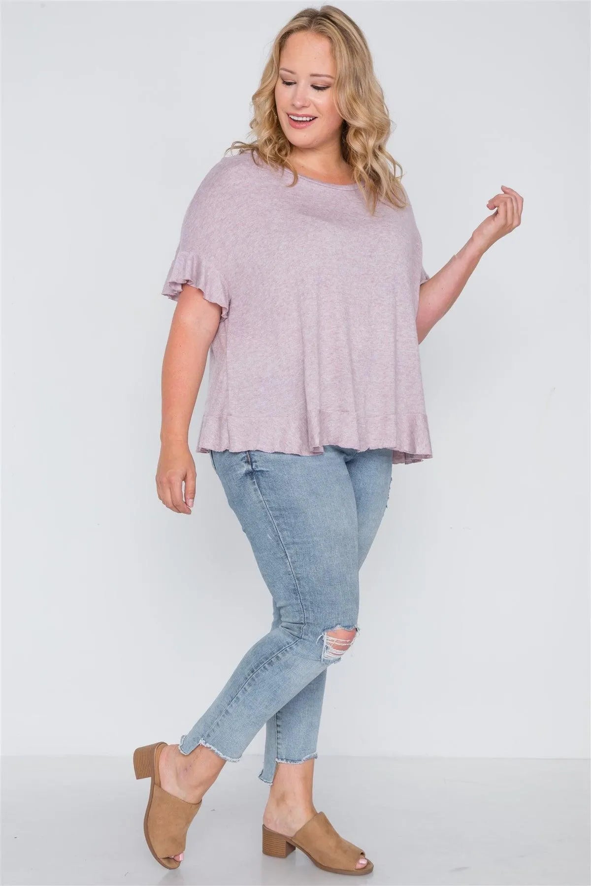 Plus Size Lavender Surplice Back Ruffle Knit Top /3-3 - Tasha Apparel Wholesale