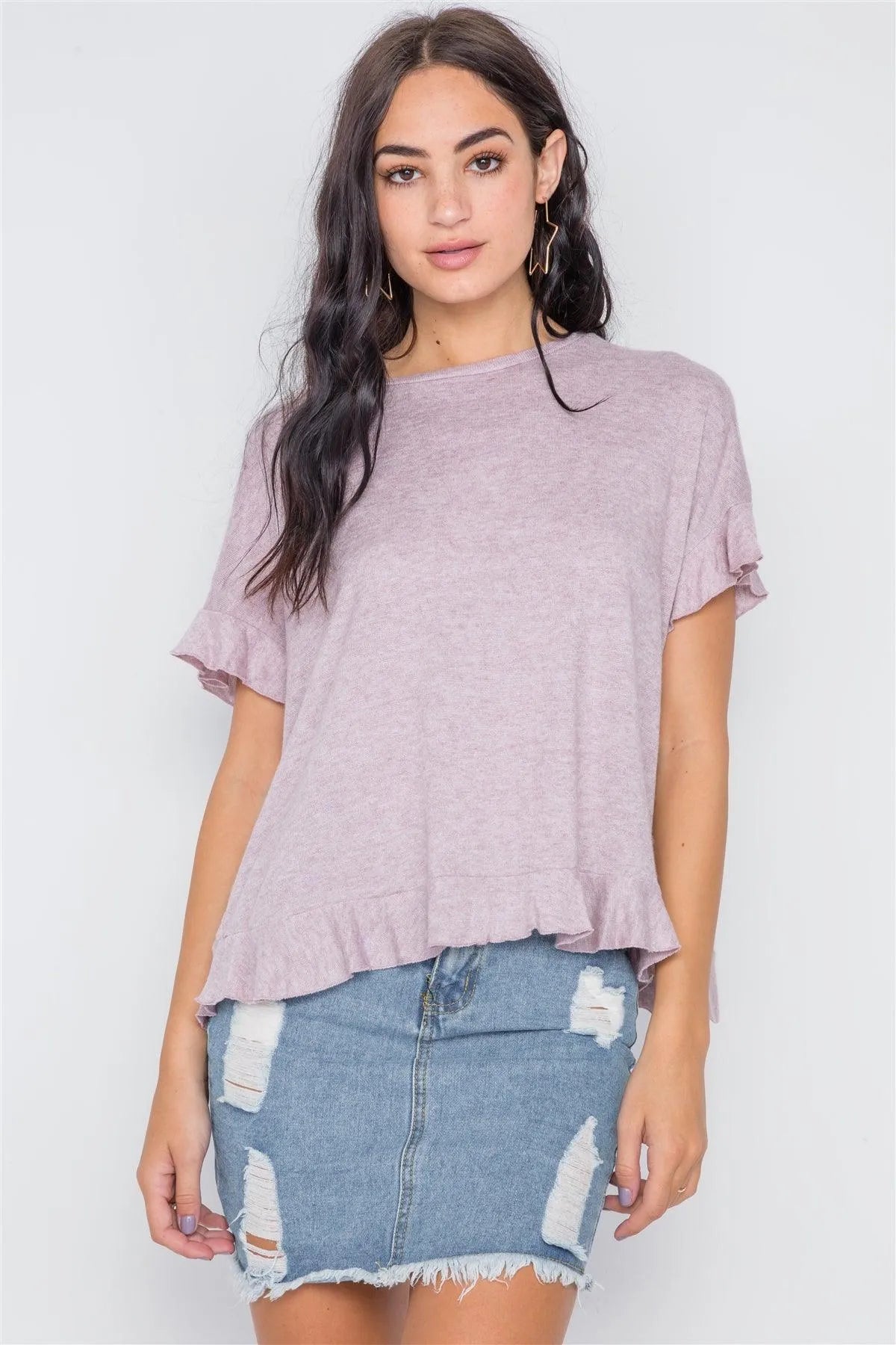 Lavender Short Sleeve Surplice Back Ruffle Knit Top /2-2 - Tasha Apparel Wholesale