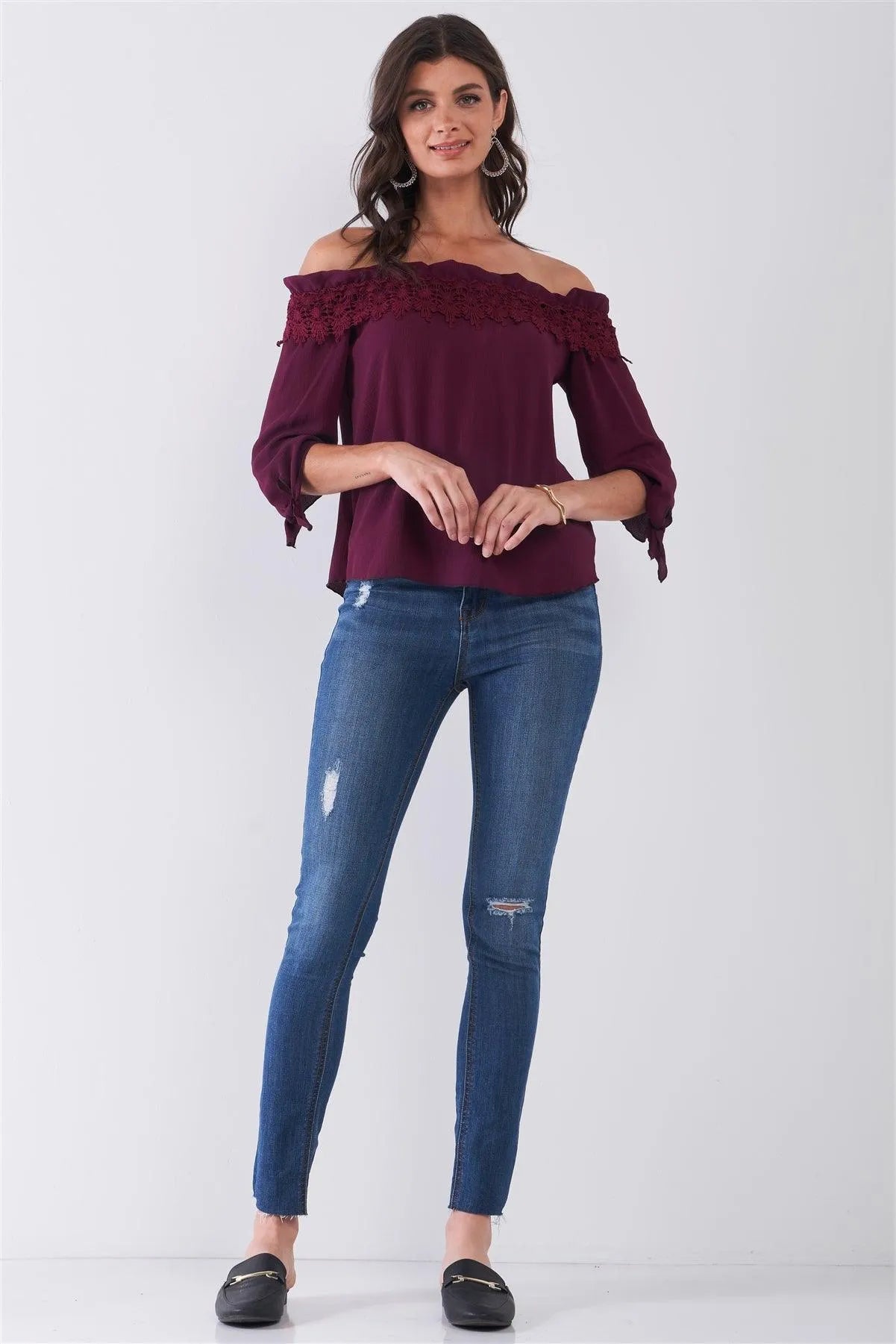 Wine Off-The-Shoulder Embroidery Trim Midi Sleeve With Self-Tie Detail Top /2-2-2 - Tasha Apparel Wholesale
