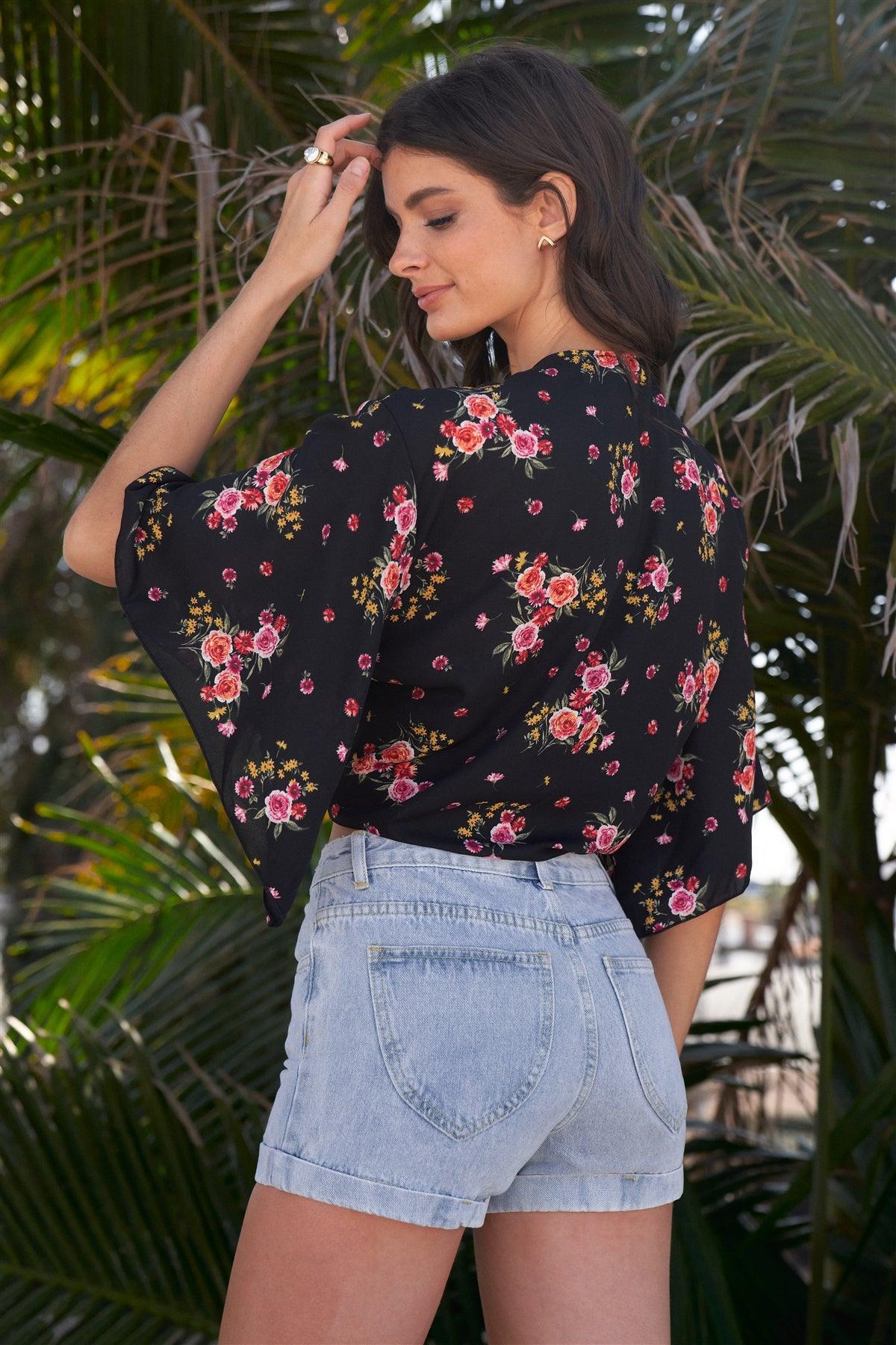 Black Floral Print Plunge Neck Self-Tie Front Wide Sleeve With Slit Cropped Top