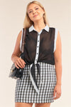 Black & White Sheer Buttoned Down Sleeveless Front Knot Top /2-2-2