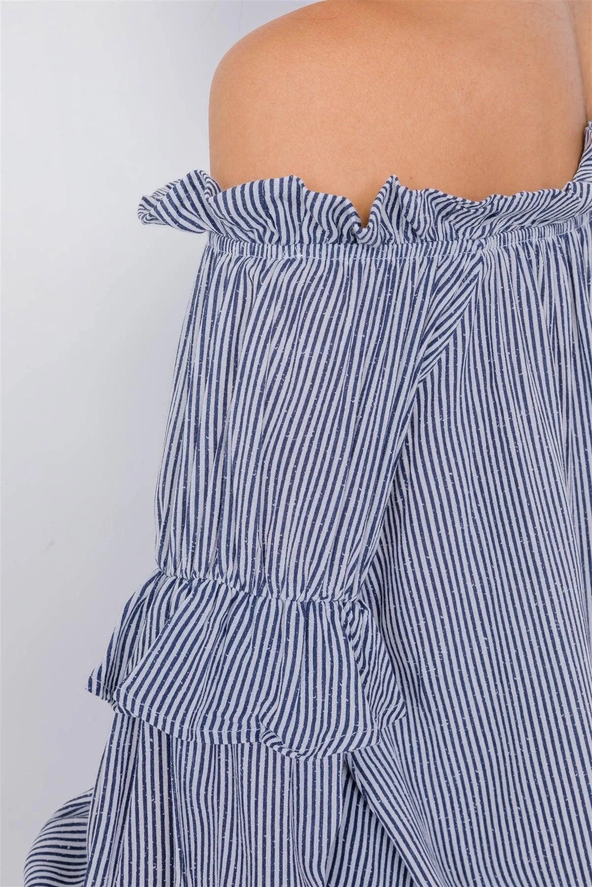 Navy & White Stripe Off-The-Shoulder Layered Ruffle Trim Top /3-2-2 - Tasha Apparel Wholesale