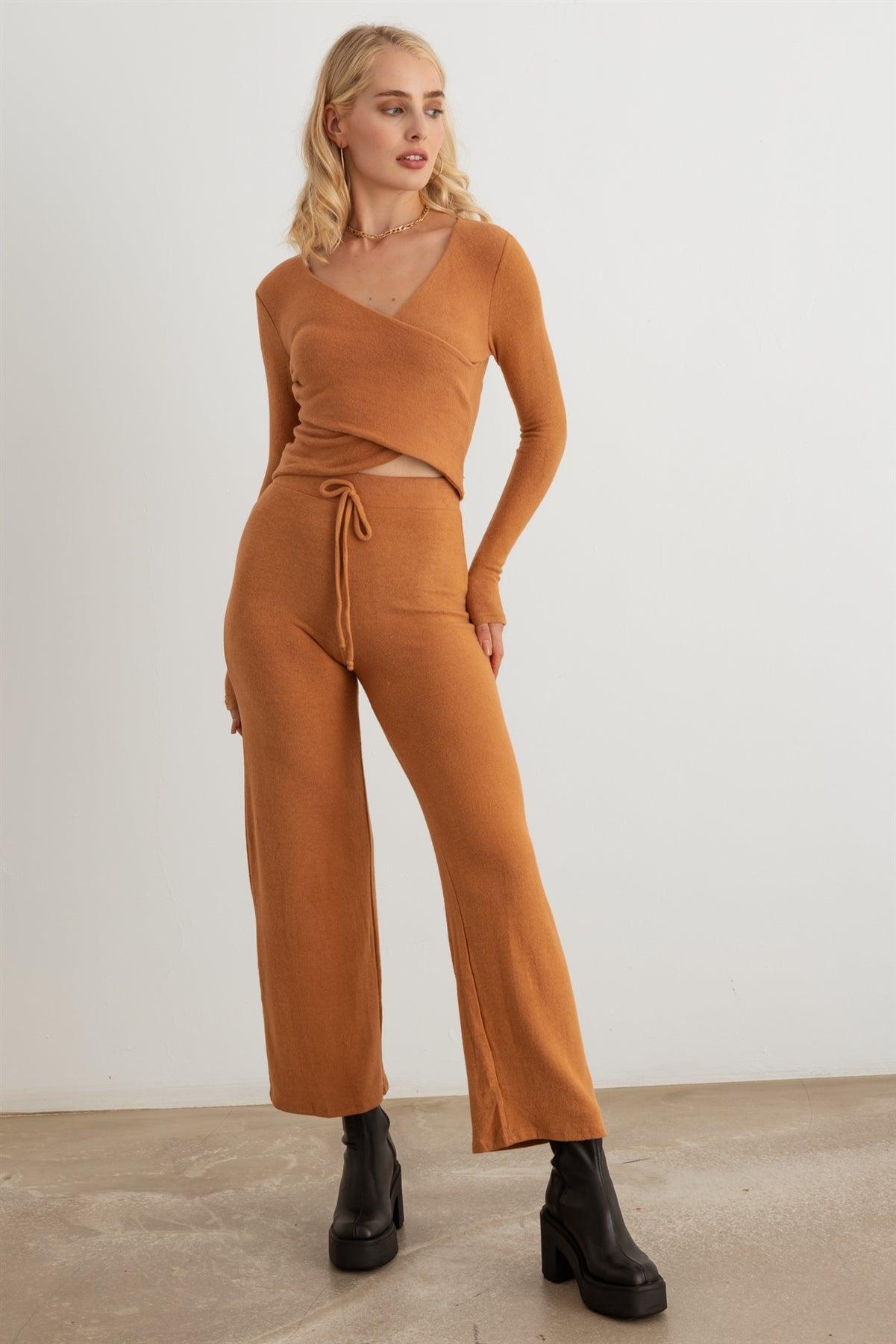 Brown Wrap Long Sleeve Crop Top & High Waist Pants Soft To Touch Set /2-2-2