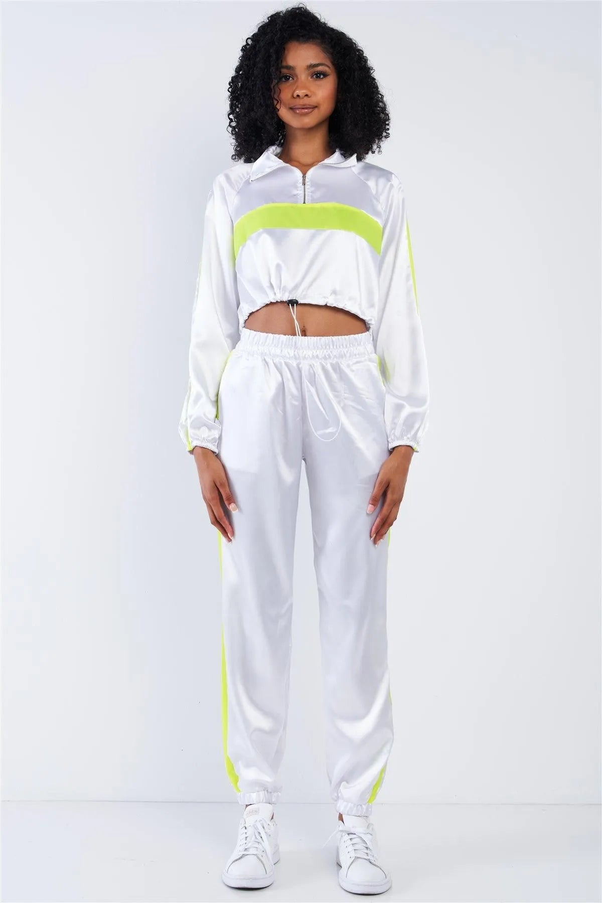 Pearl Ivory Satin Neon Windbreaker Detail Crop Top Tracksuit Set /3-2-1 - Tasha Apparel Wholesale