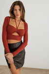 Terracotta Ribbed Bustier Cut-Out Long Sleeve Crop Top /2-2-2