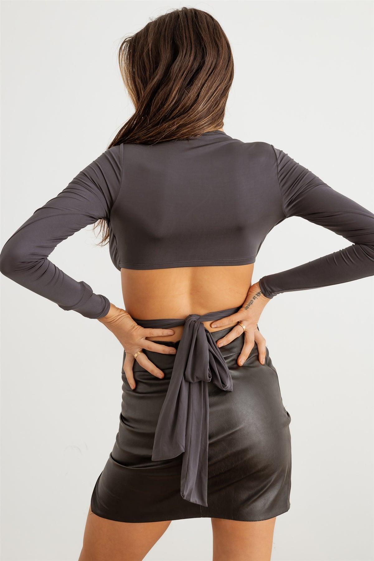 Charcoal Cut-Out Self-Tie Around Long Sleeve Crop Top /2-2-2
