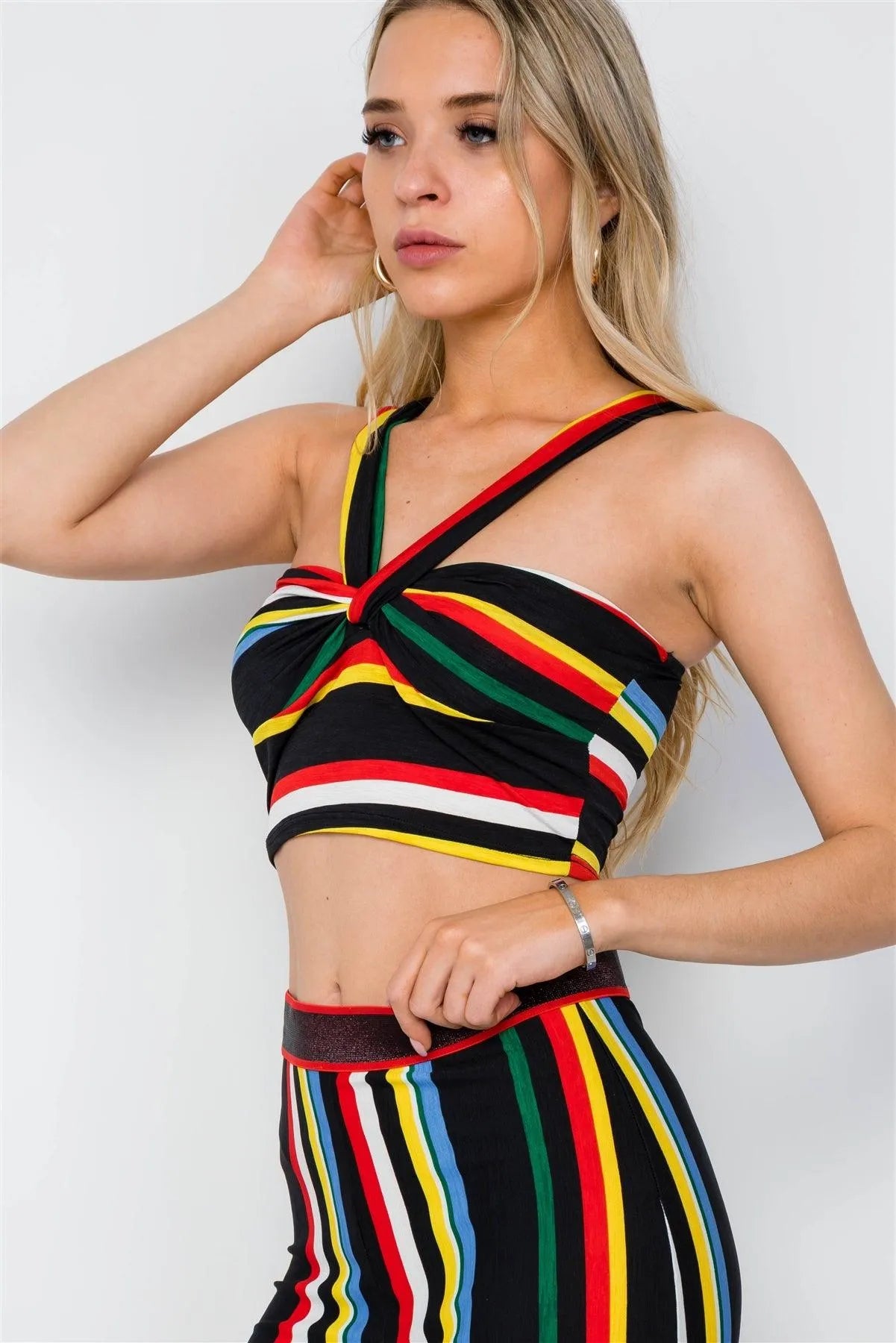 Black Multi Color Stripe Sexy Crop Top /2-2-2 - Tasha Apparel Wholesale