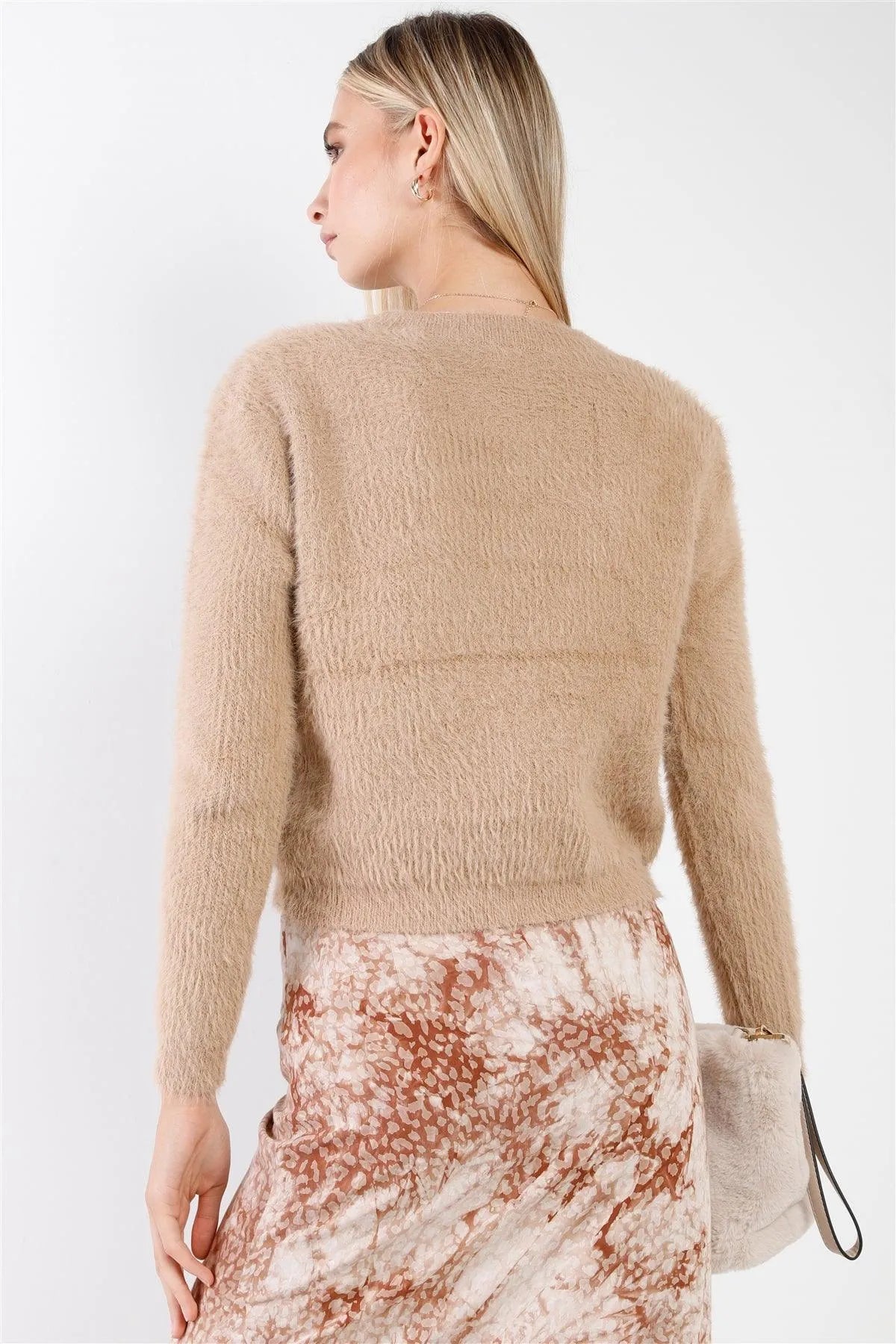 Taupe Fuzzy Knit Long Sleeve Crew Neck Cropped Sweaters /3-2-1 - Tasha Apparel Wholesale