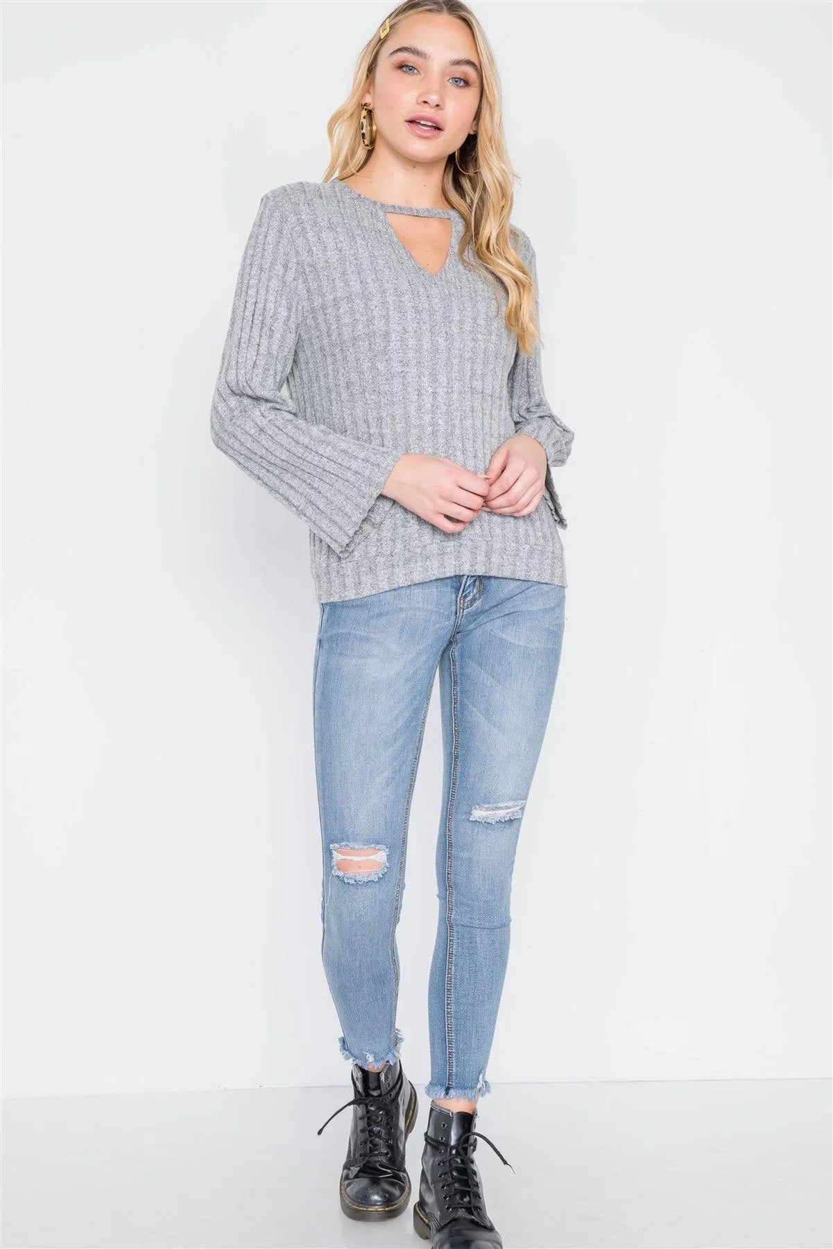Heather Grey Knit Long Sleeve Soft Sweater /2-2-2 - Tasha Apparel Wholesale