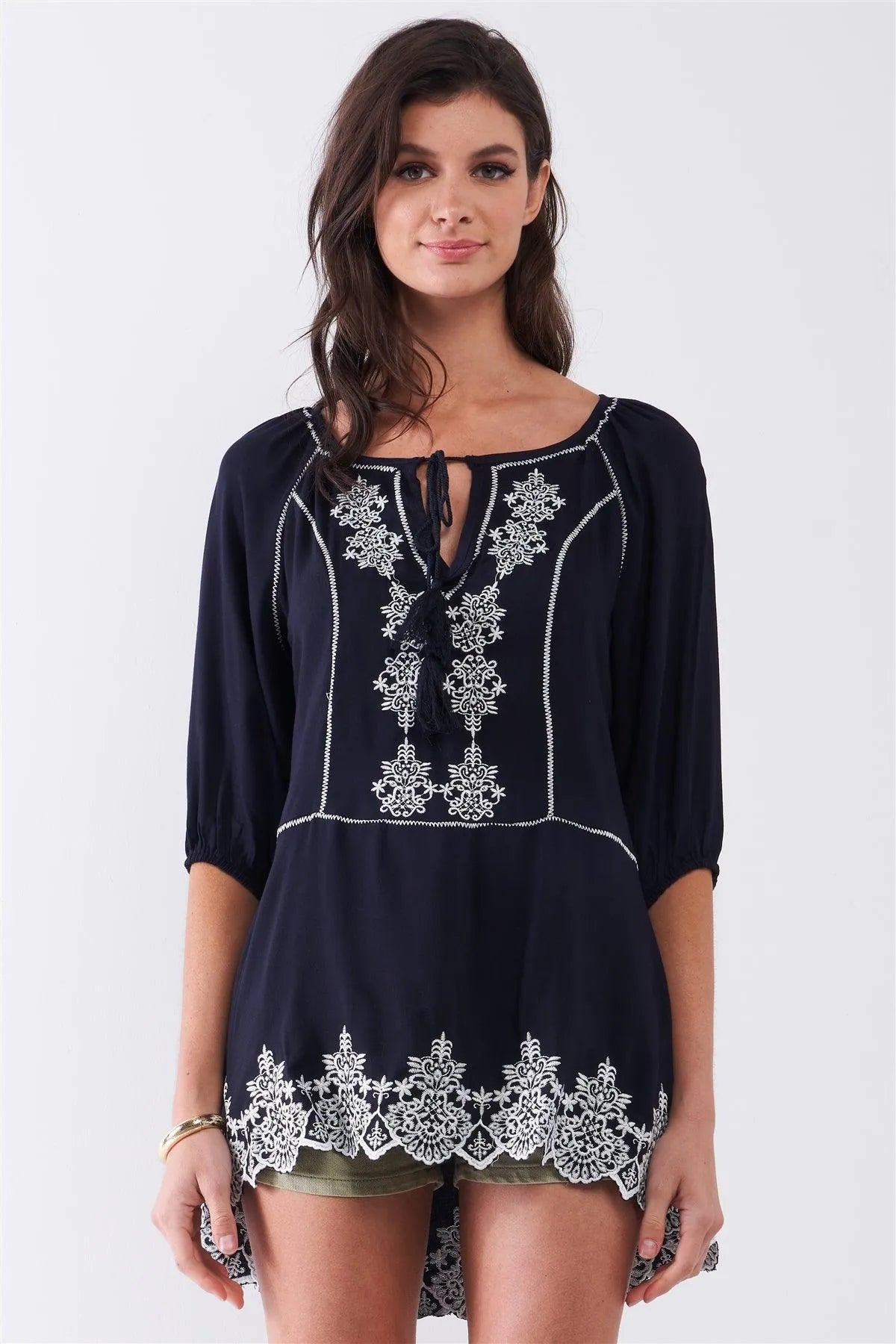 Navy Knit Embroidery Balloon Sleeves Tunic Top /2-2 - Tasha Apparel Wholesale