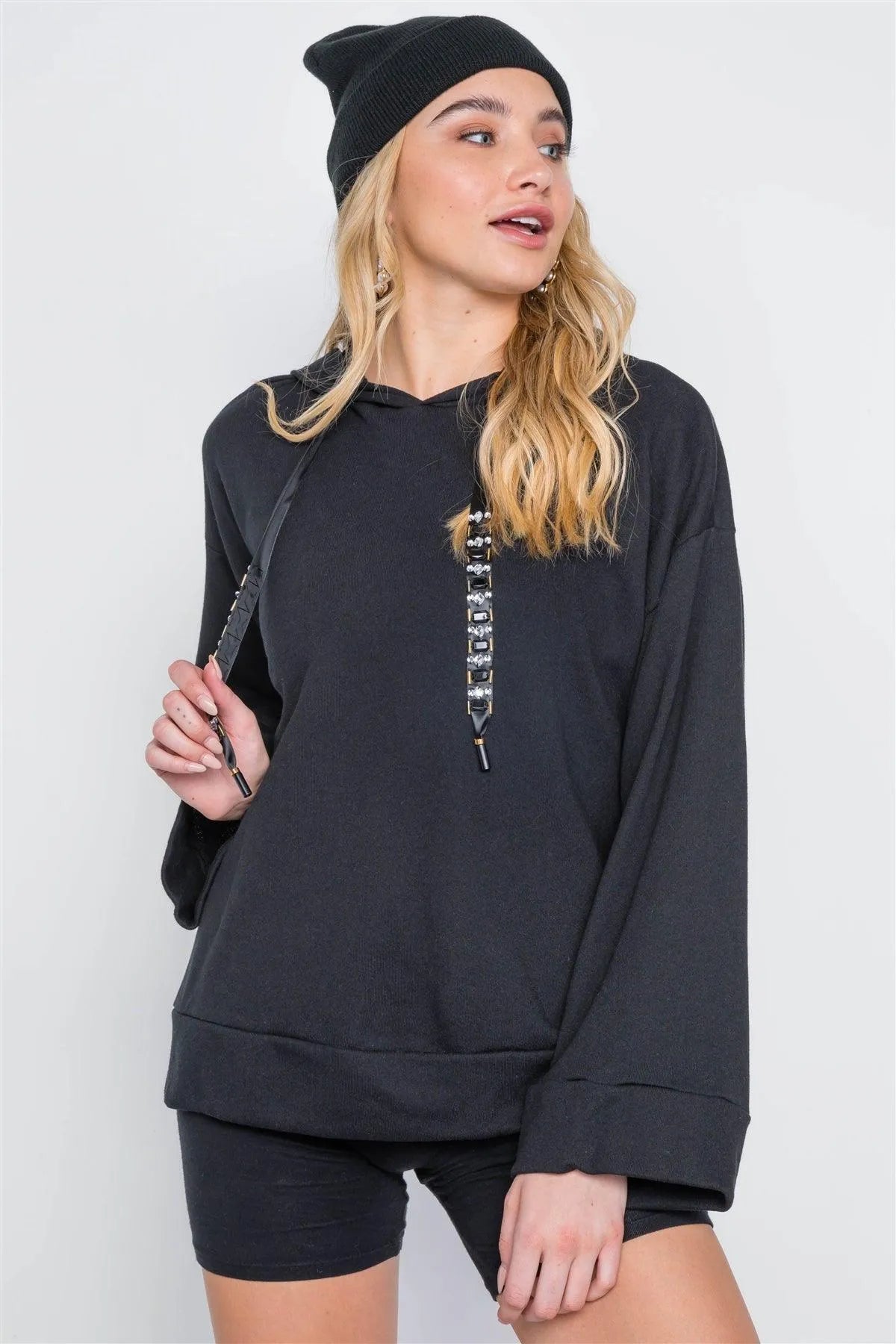 Black Long Sleeve Solid Rhinestone Hoodie /2-2-2 - Tasha Apparel Wholesale