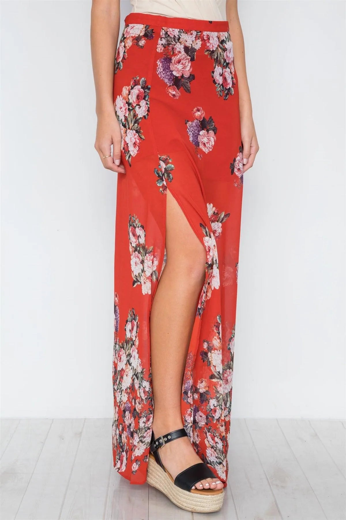 Red Multi Floral Print Side Slits High-Waist Maxi Skirt /3-2-1 - Tasha Apparel Wholesale