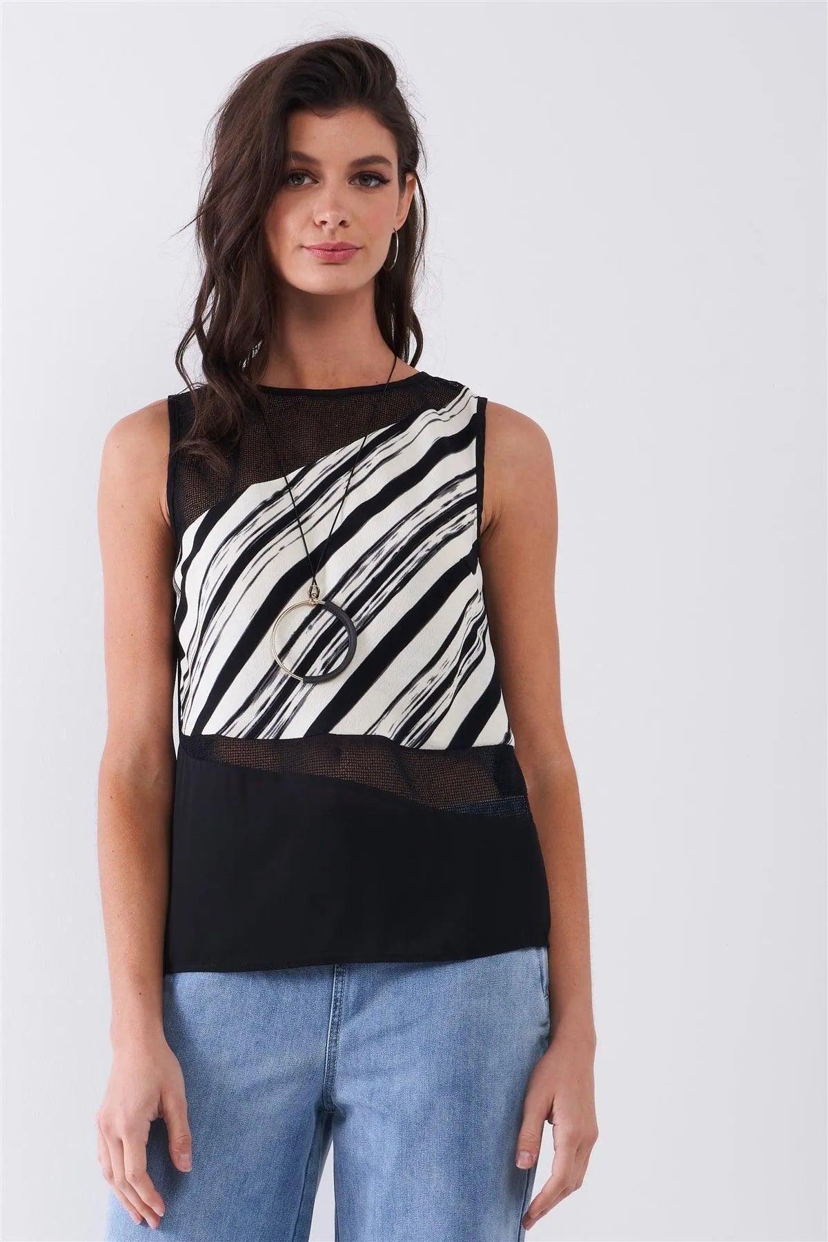 Black & Cream White Brushstroke Print Sleeveless Net Mesh Cut-Ins Back Slit Detail Top /2-1-2-1 - Tasha Apparel Wholesale