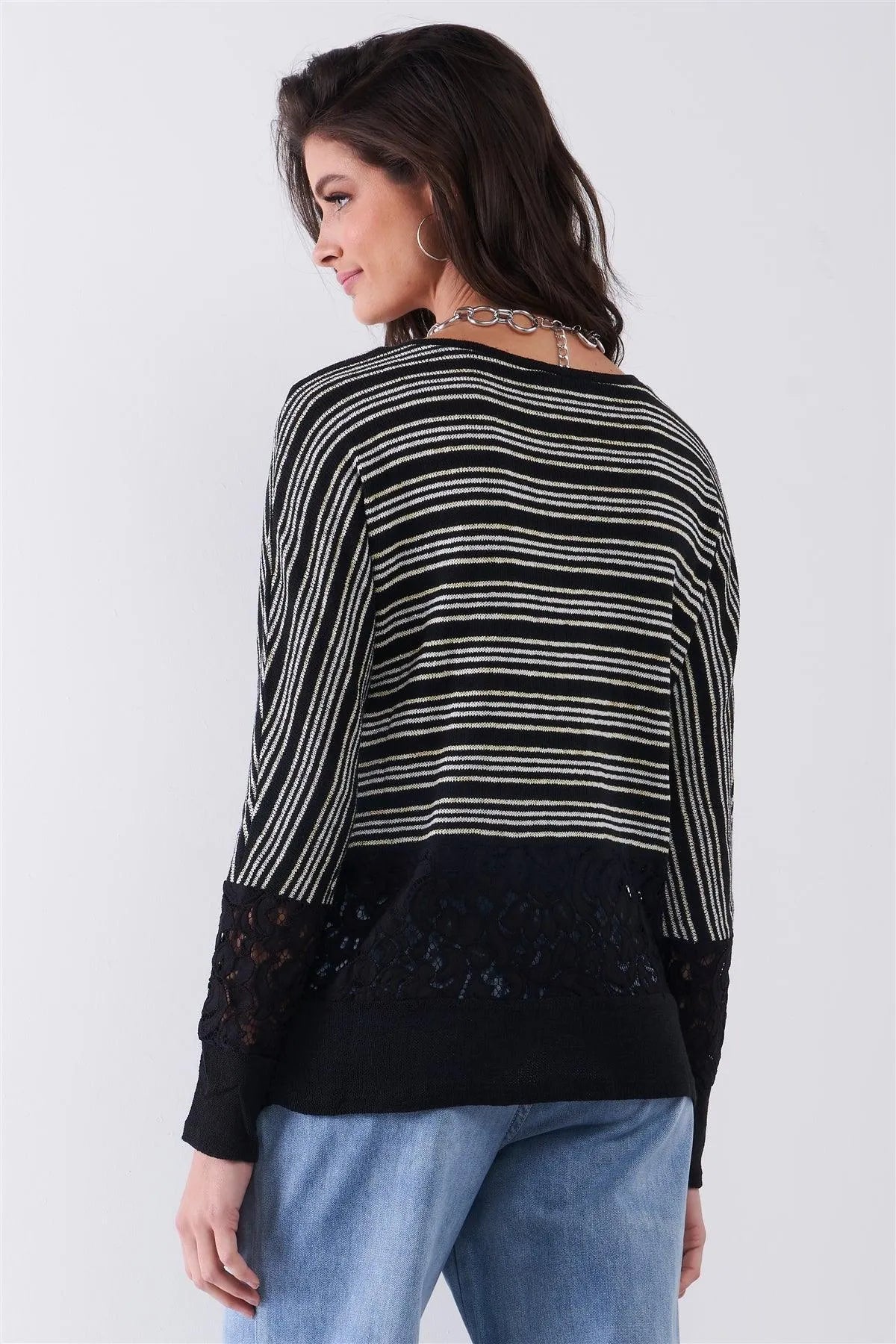 Black Striped Glitter Weave Crochet Trim Detail Long Sleeve Sweater Top /1-1-2-1 - Tasha Apparel Wholesale