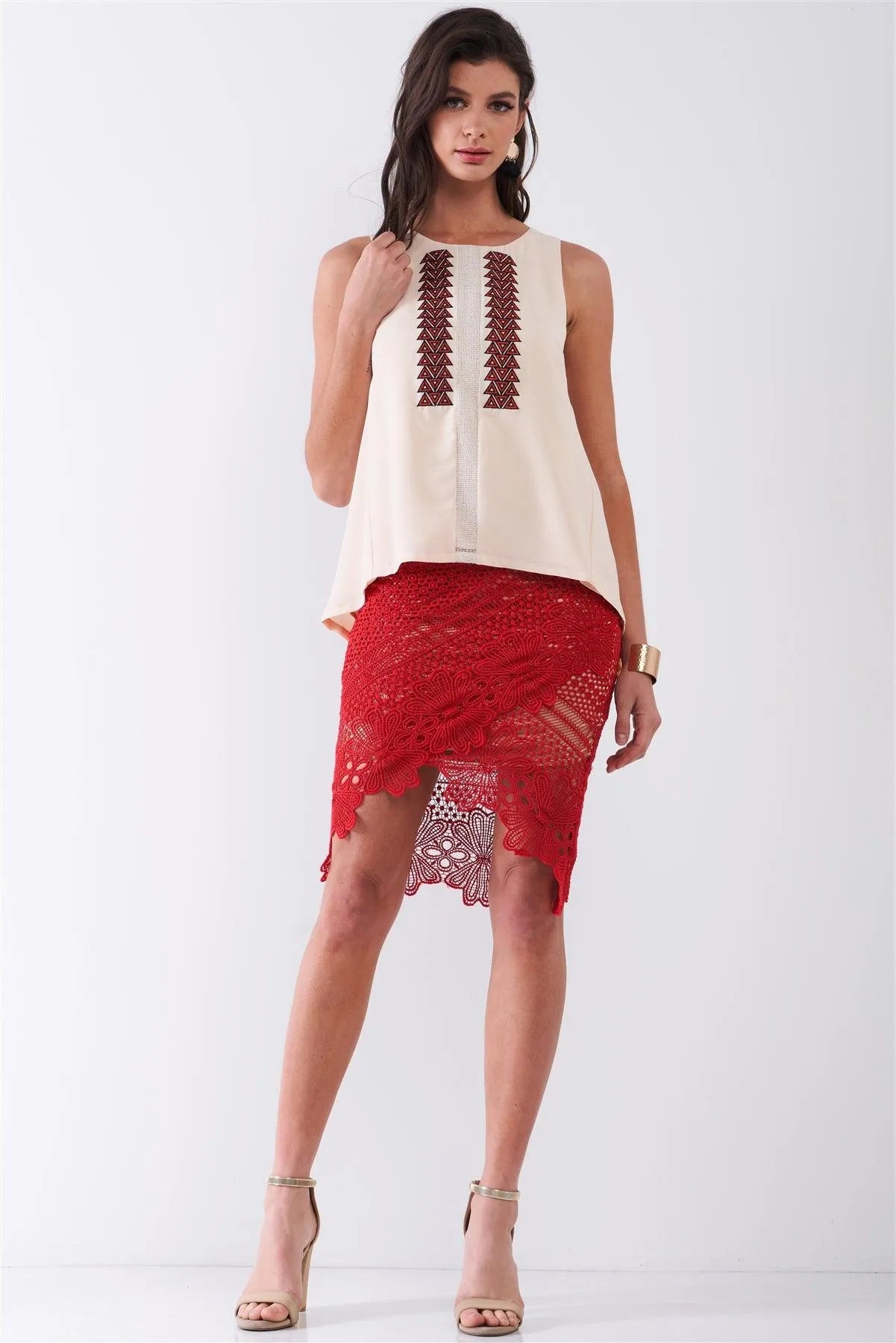 Orange Cream Sleeveless Geometric Ornament Trim Round Neck Top /1-1-2 - Tasha Apparel Wholesale
