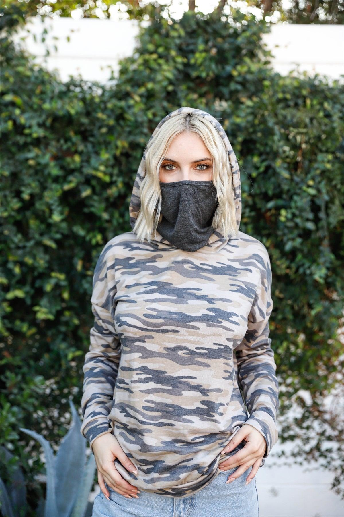 Camo Moss Mask Neck Detail Hooded Sweater /2-2-2