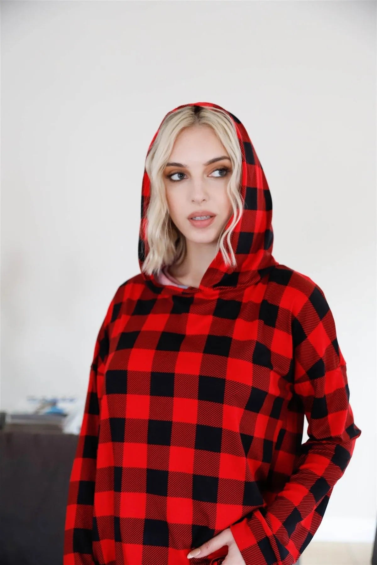 Red & Black Plaid Long Sleeve Hooded Sweater /2-4 - Tasha Apparel Wholesale