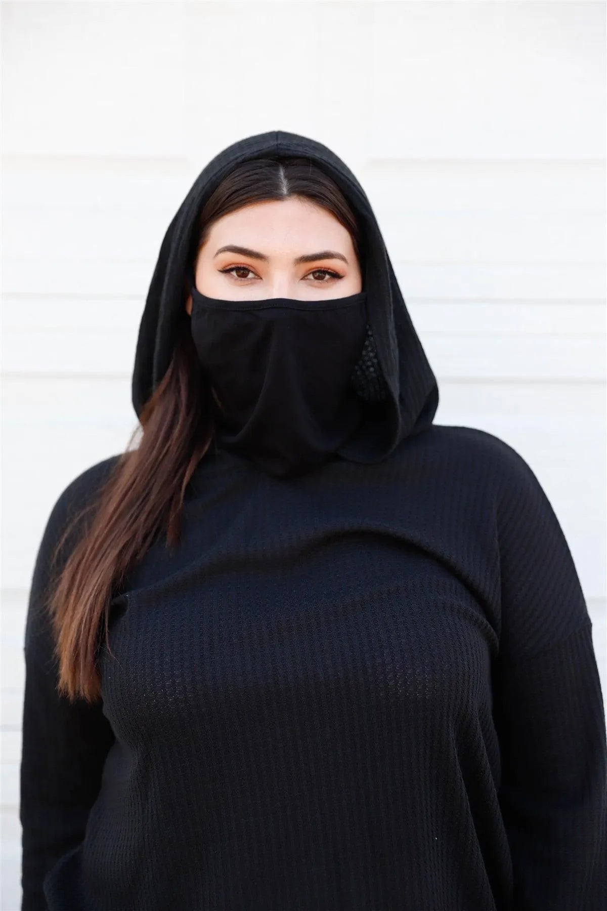 Plus Size Black Mask Neck Hooded Sweatshirt - Tasha Apparel Wholesale