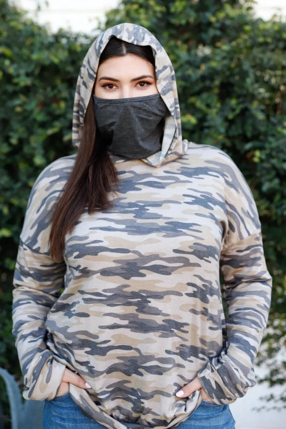 Plus Size Camo Mask Neck Hoodie Sweatshirt /2-2-2 - Tasha Apparel Wholesale