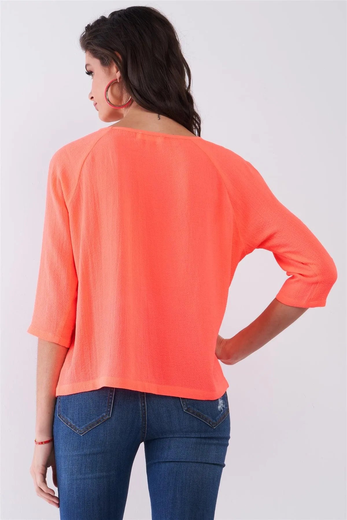 Neon-Coral Front Crochet Embroidery Round Neck 3/4 Sleeve Relaxed Fit Top /1-2-2-1 - Tasha Apparel Wholesale