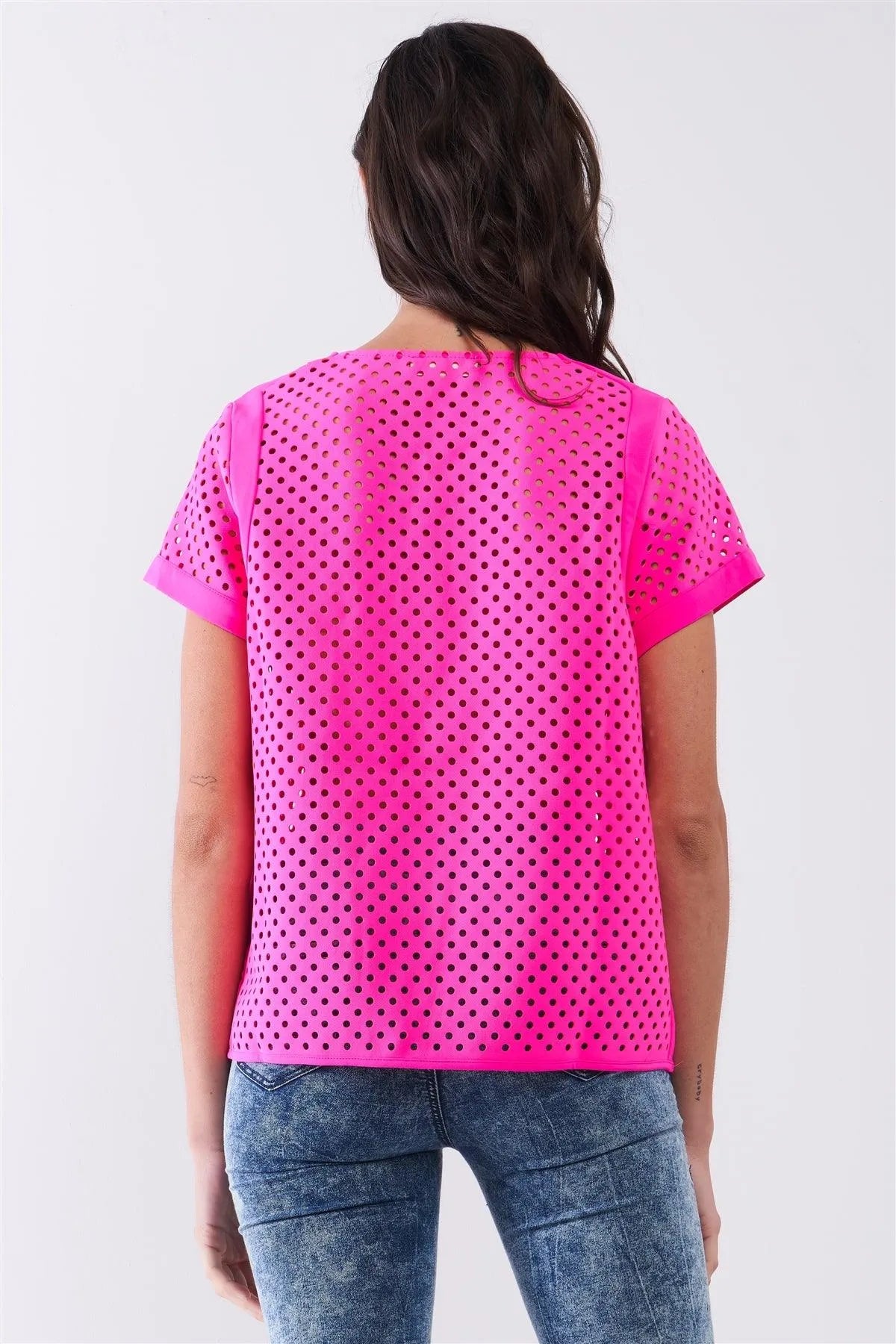 Hot Pink Short Sleeve Crew Neck Sheer Laser Cut Loose Fit Top /1-2-2-1 - Tasha Apparel Wholesale