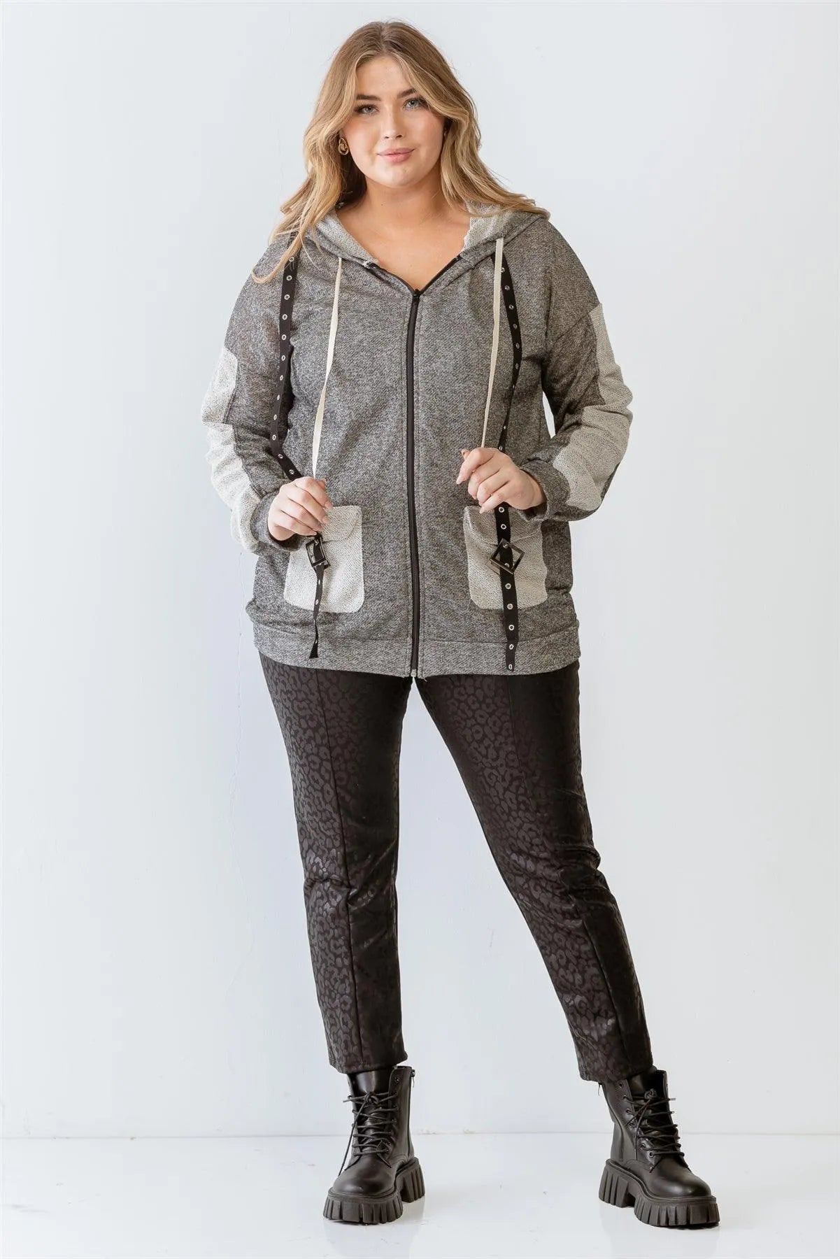 Junior Plus Charcoal Contrast Belt & Reversed Details Zip-Up Hoodie Sweatshirt /2-2 - Tasha Apparel Wholesale