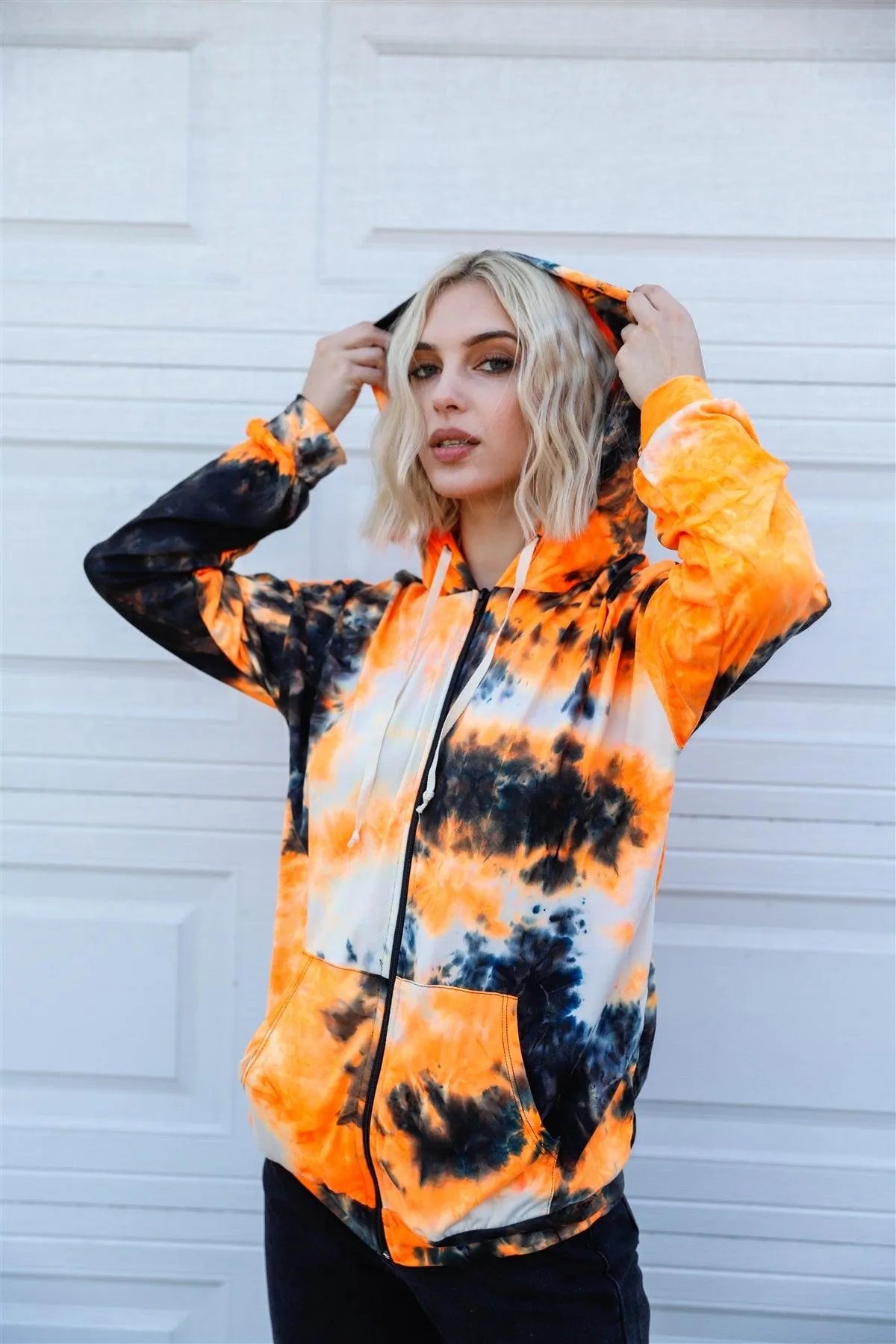 Neon Orange Black Tie-Dye Zip-Up Hooded Sweatshirt /2-2-2 - Tasha Apparel Wholesale
