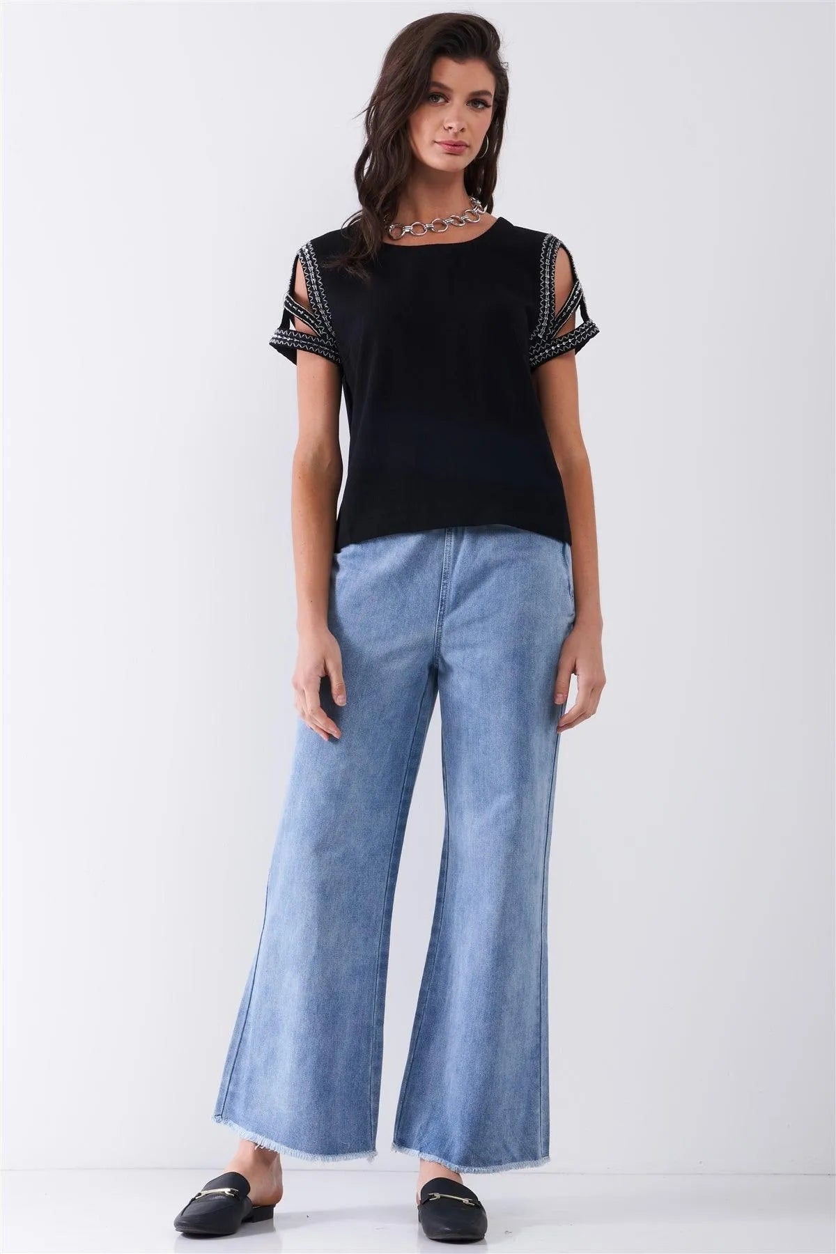 Black Round Neck Glittery Bead Embroidery Cut-Out Sleeve Detail Relaxed Top /1-2-2-1 - Tasha Apparel Wholesale