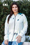 White & Green Feather & Tie-Dye Print Contrast Plaid Hood Zip Up Sweatshirt /2-2-2