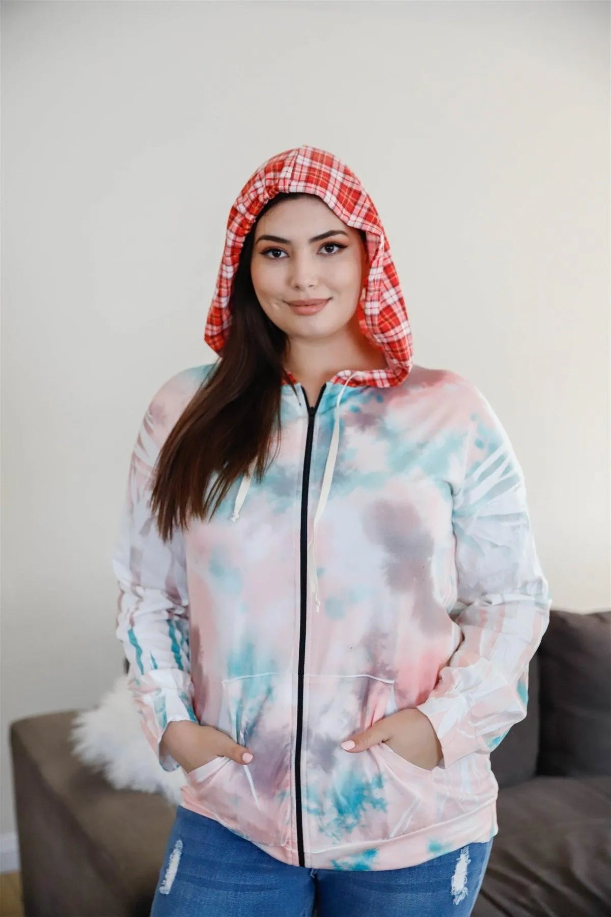 Junior Plus Sage & Pink Tie-Dye Zip-Up Contrast Plaid Hood Zip Up Sweatshirt /2-2-1 - Tasha Apparel Wholesale