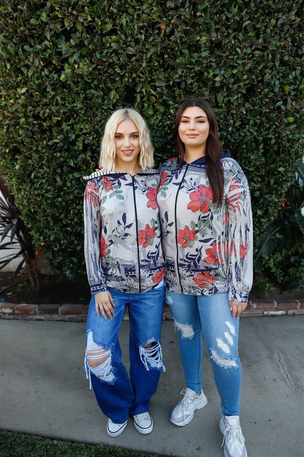 Plus Size Flower Print Zip-Up Striped Hood Sweatshirt - Tasha Apparel Wholesale