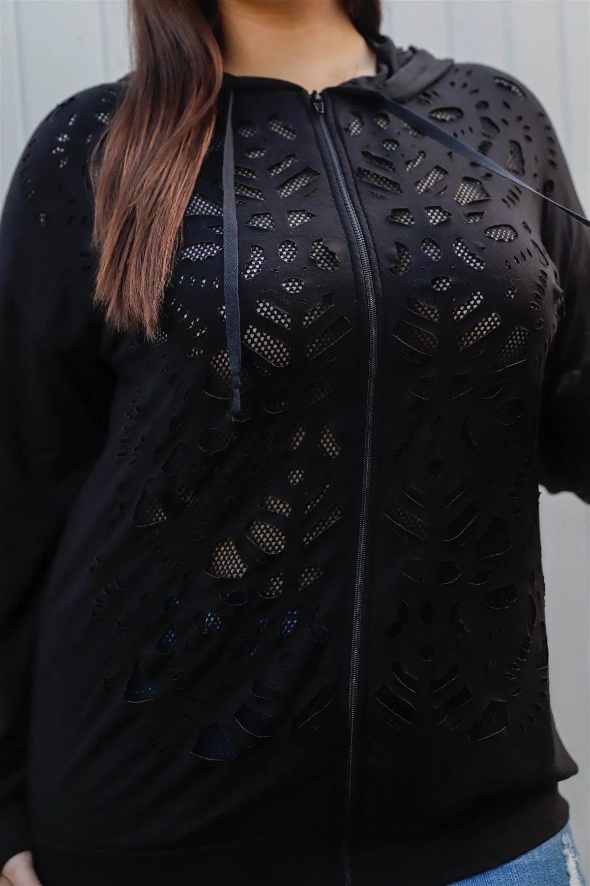 Plus Size Cut-Out Fishnet Zip-Up Hoodie Sweatshirt - Tasha Apparel Wholesale