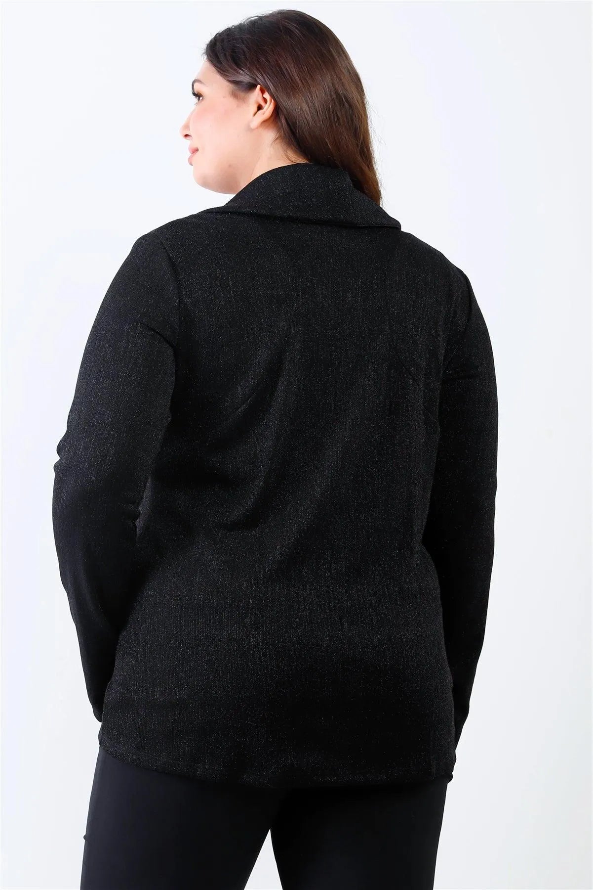 Junior Plus Black Lurex Draped Collar Side Zip Up Lightweight Jacket /2-2-2 - Tasha Apparel Wholesale