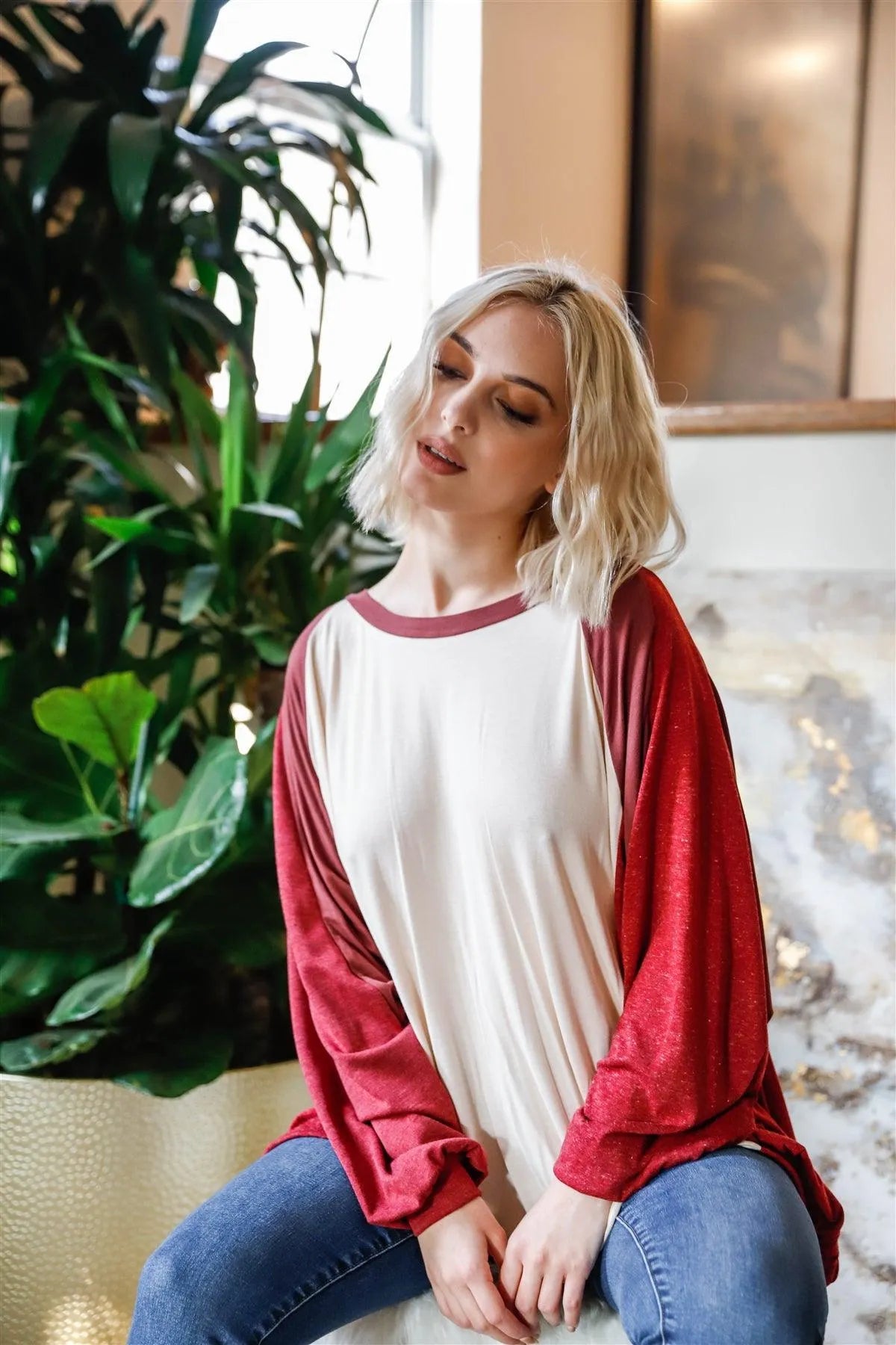 Stone & Burgundy Colorblock Dolman Sleeve Oversized Top /2-2-2 - Tasha Apparel Wholesale