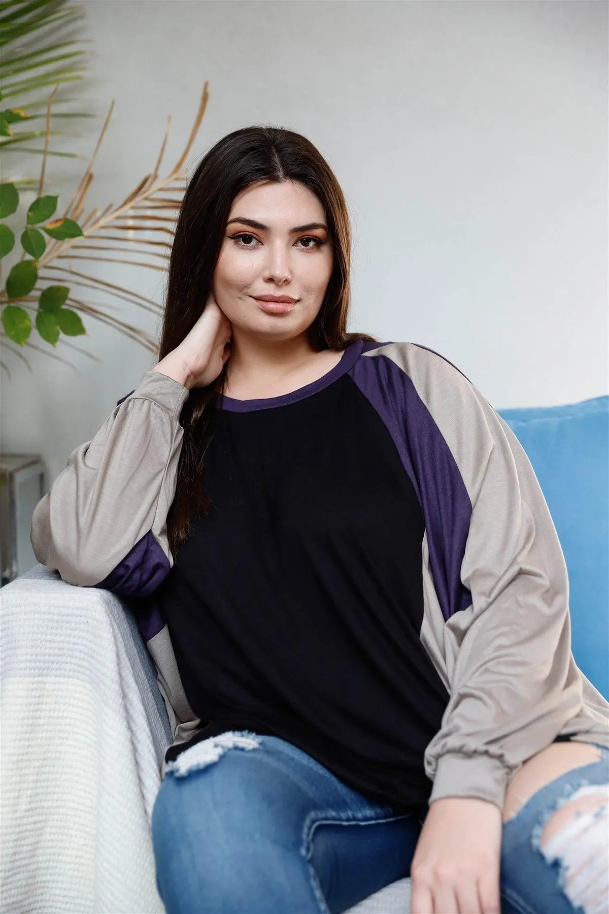 Junior Plus Black & Purple Colorblock Dolman Sleeve Oversized Top /2-2-2 - Tasha Apparel Wholesale