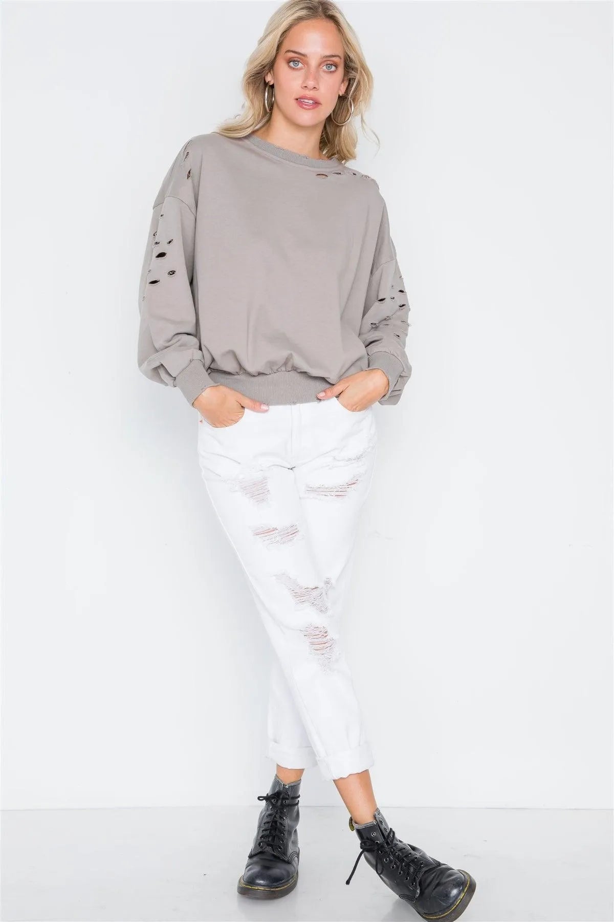 Elephant Skin Grey Distressed Long Sleeve Sweater /2-2-2 - Tasha Apparel Wholesale