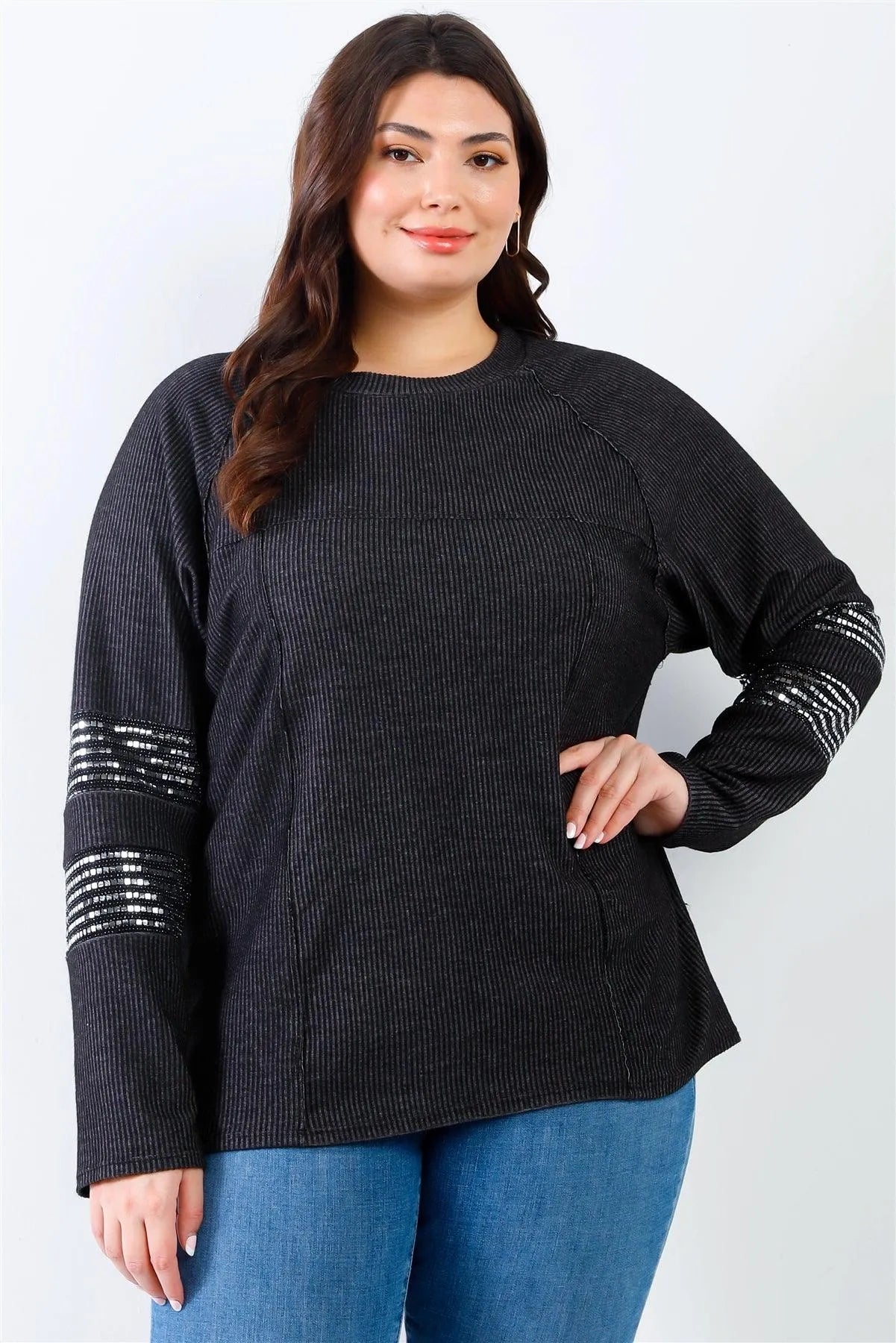 Junior Plus Black Ribbed Sequin Detail Long Sleeve Top /2-2-2 - Tasha Apparel Wholesale