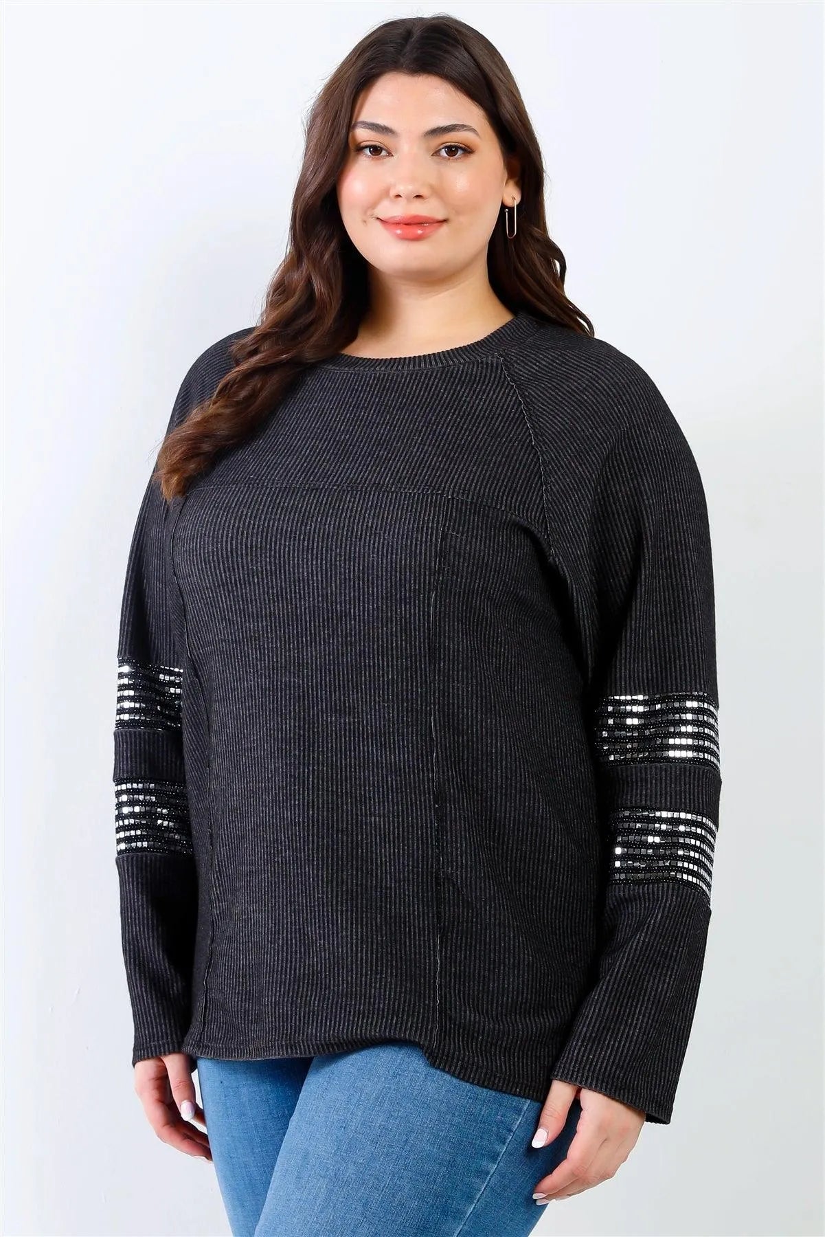 Junior Plus Black Ribbed Sequin Detail Long Sleeve Top /1-3-2 - Tasha Apparel Wholesale
